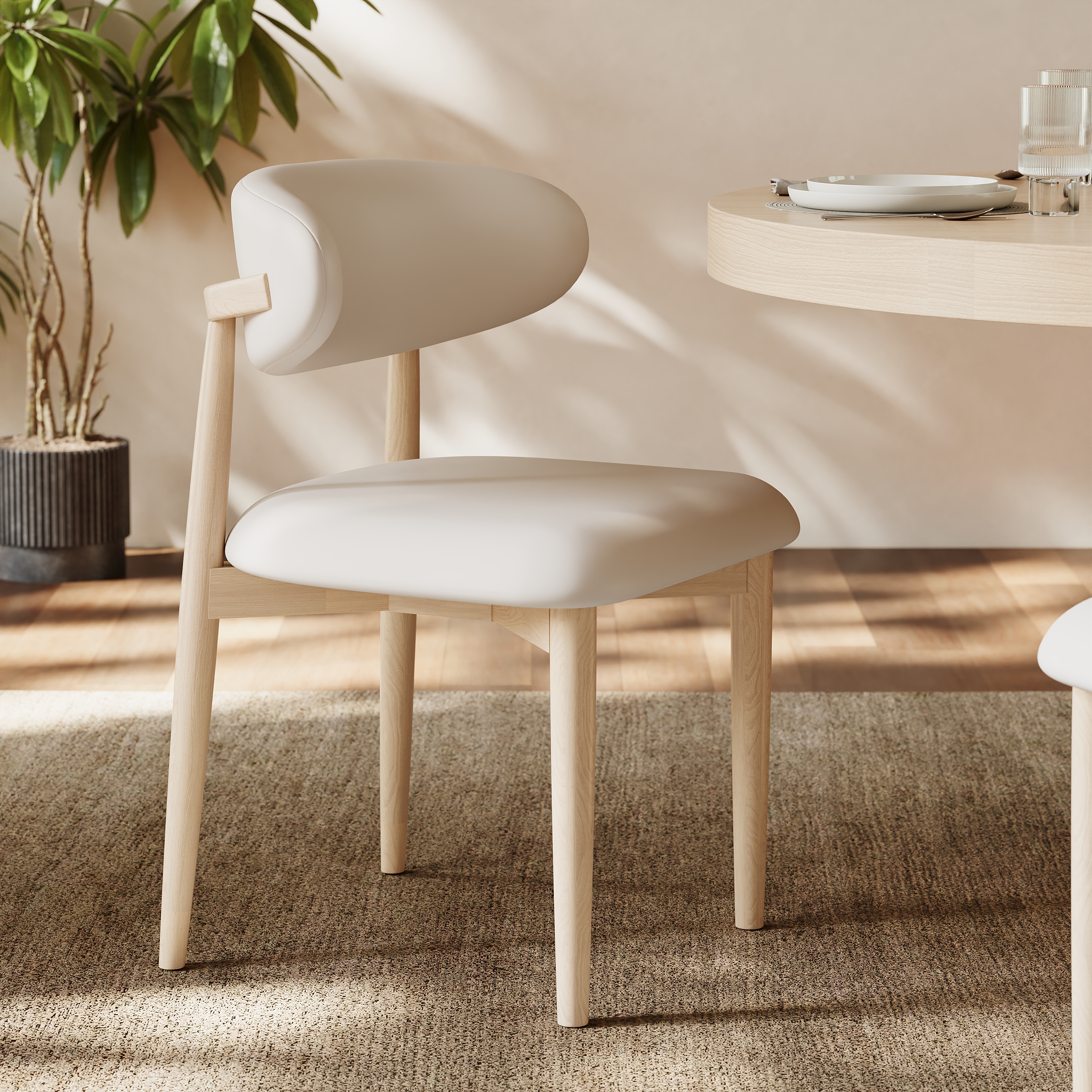 Silla de comedor moderna de cuero PU blanqueado con patas de madera de caucho, 1 pieza