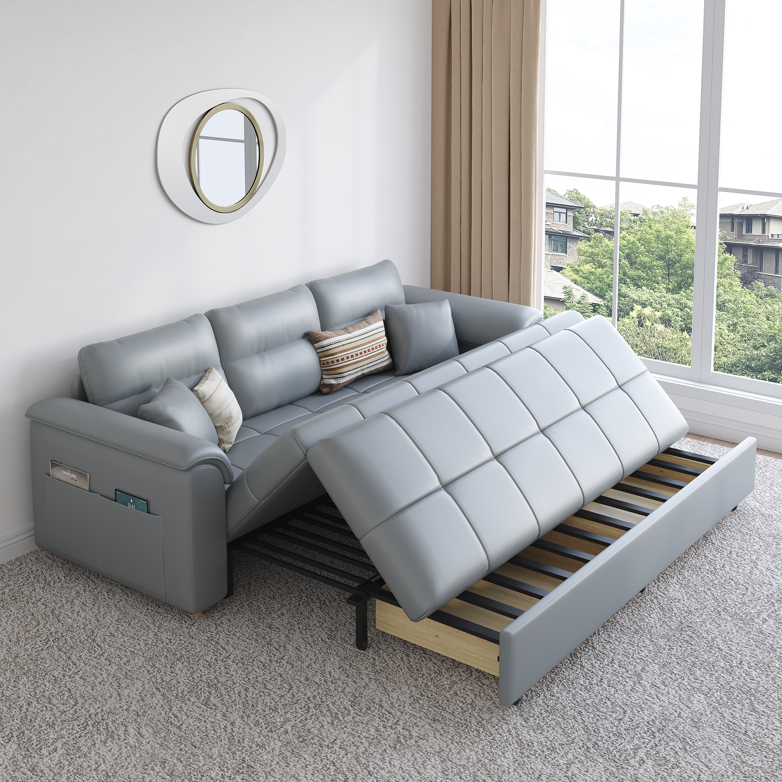 Sofá cama extraíble de piel sintética King de 233 cm con almacenamiento y bolsillos laterales