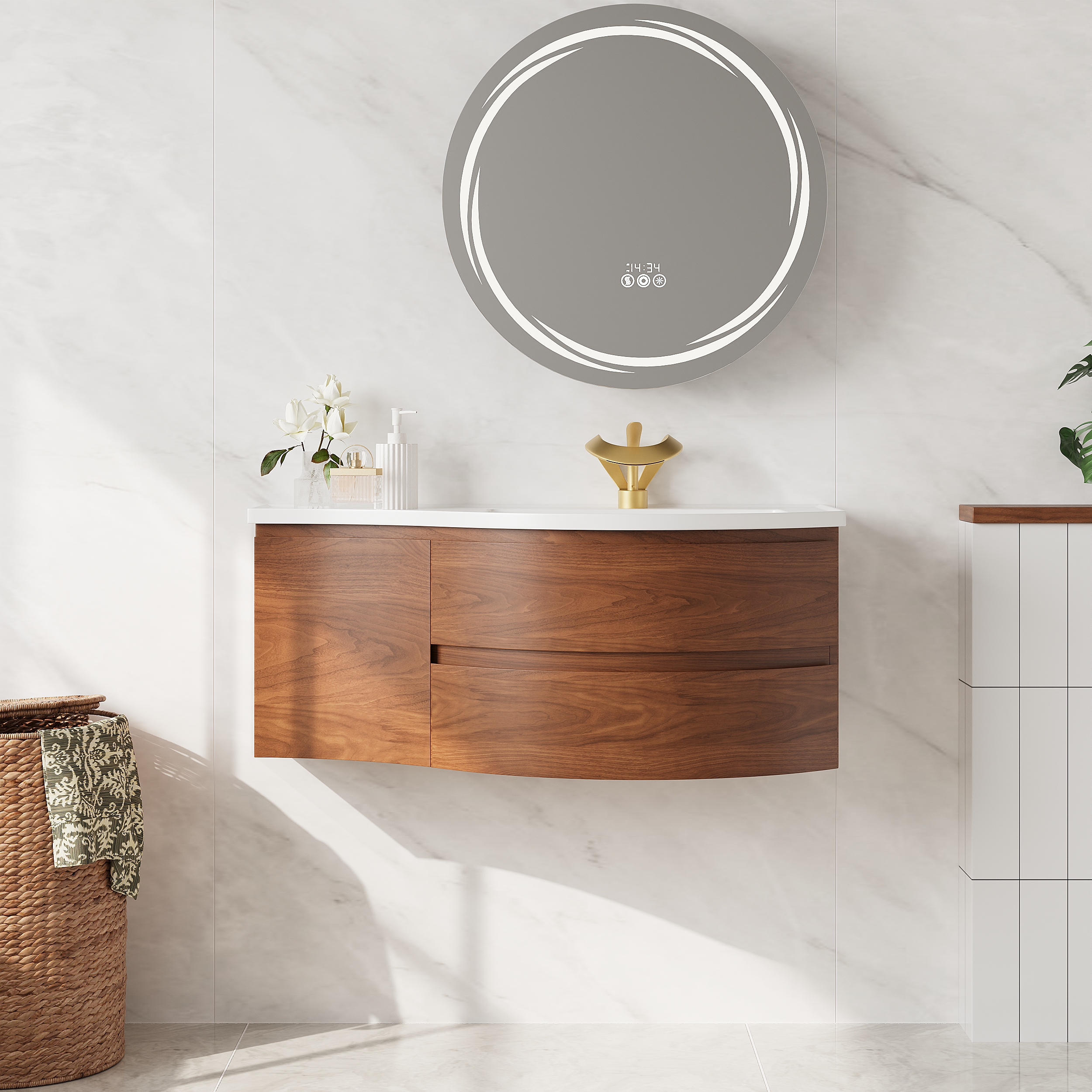 Floating Curved Bathroom Vanity & Round LED Medicine Cabinet Set Right Offset
