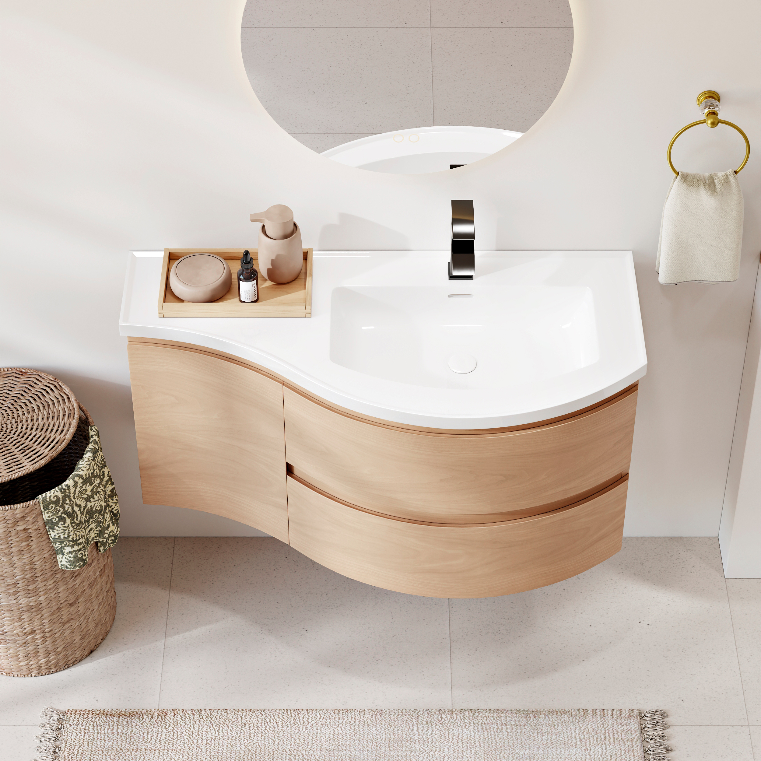 900mm Floating Curved Bathroom Vanity Natural Right Offset Single Sink Bathroom Cabinet