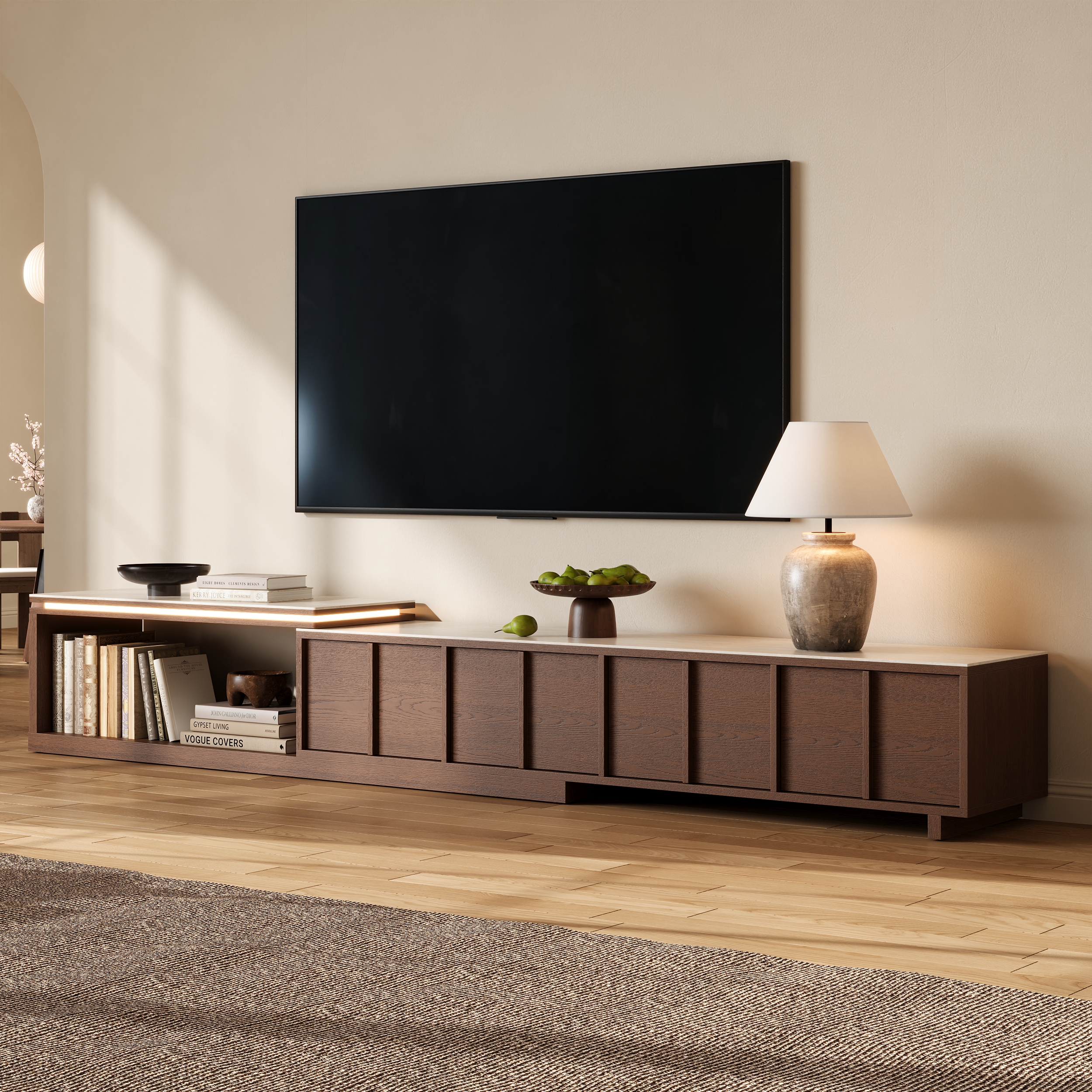 71"-108" Extendable Walnut TV Stand with Sintered Stone Top & Cabinets