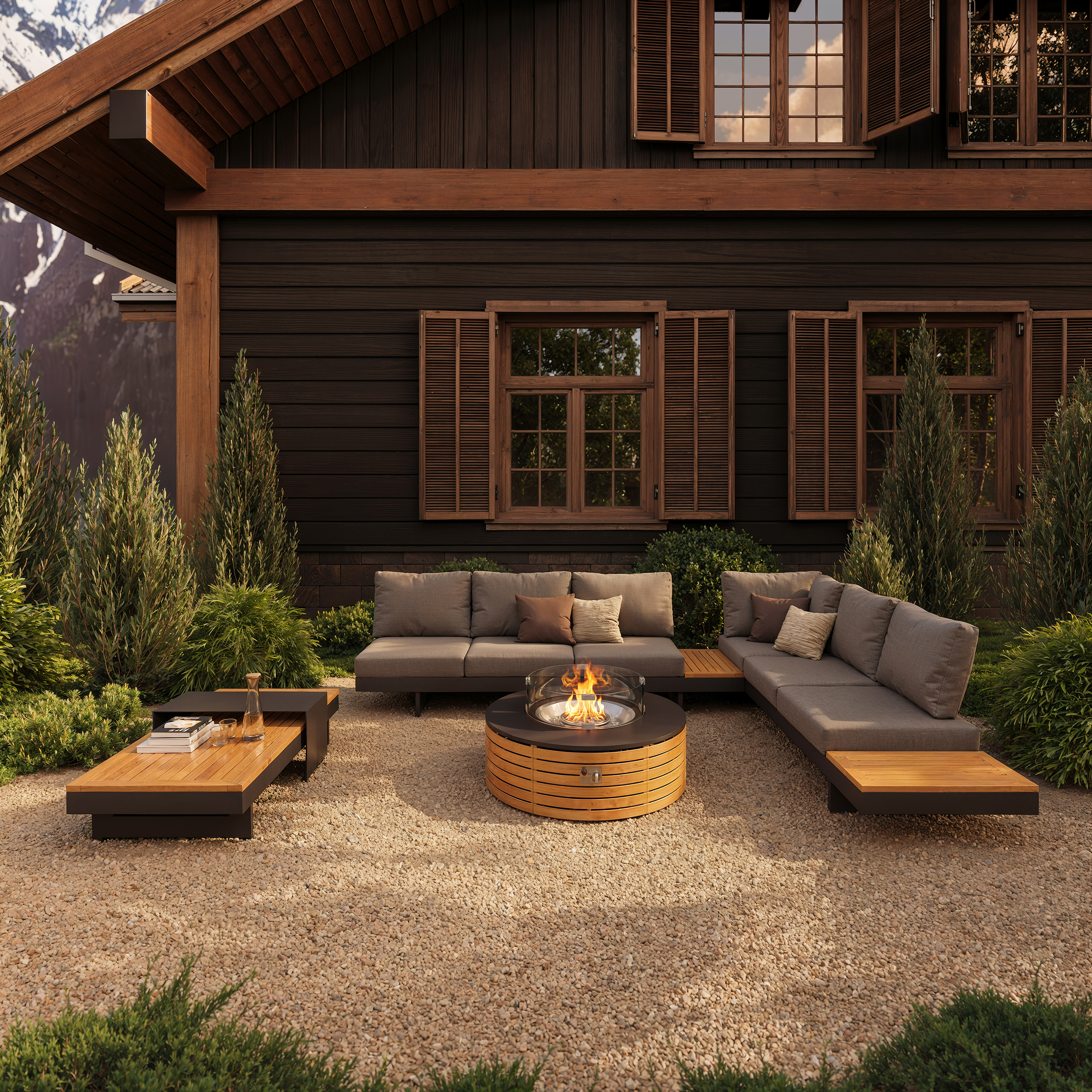 Tevara 39" 5-Pieces Modular Teak Outdoor Sofa Set with Smokeless Fire Pit for 6 Person