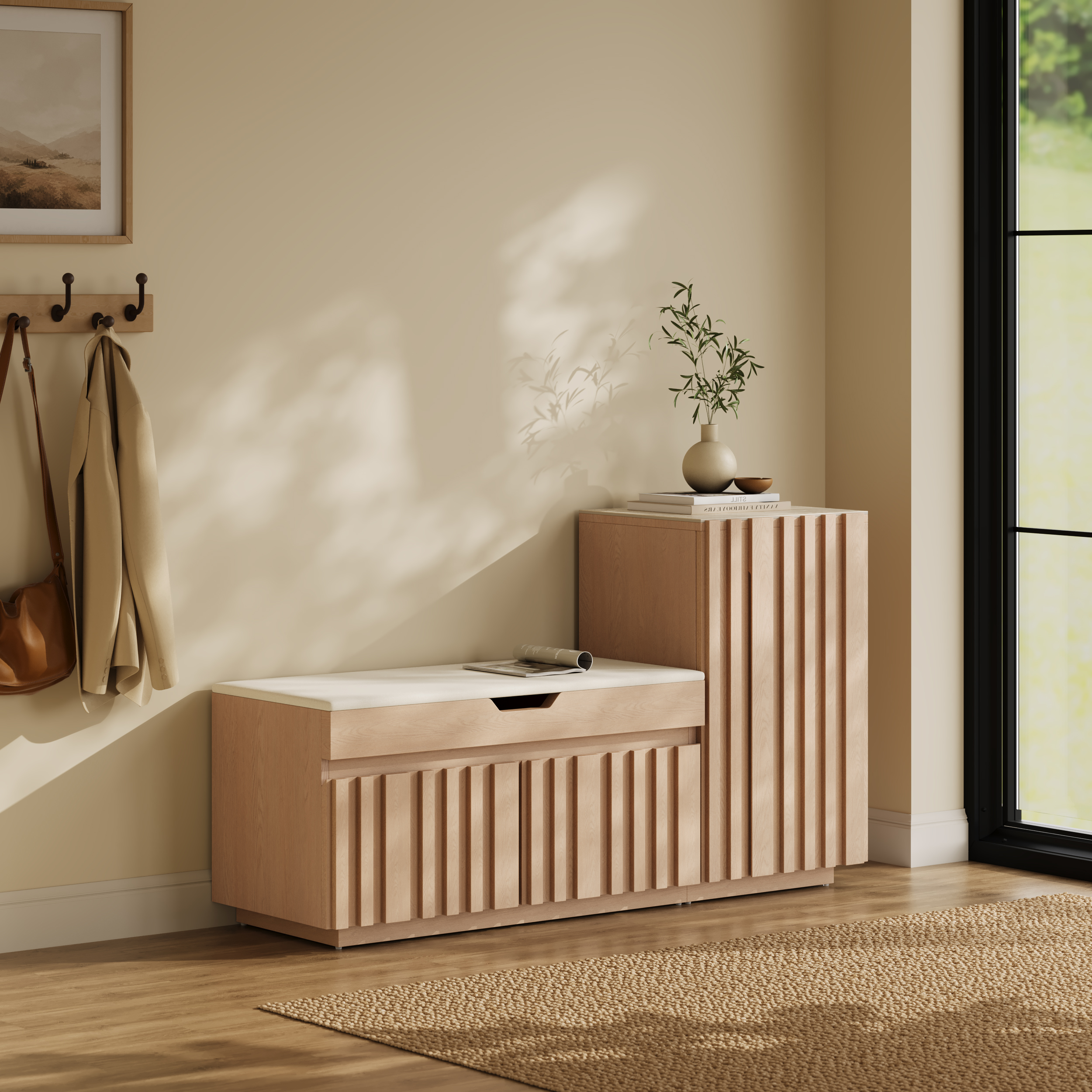 Aura 47â Wooden Shoe Storage Bench with Right-Side Cabinet for Entryway