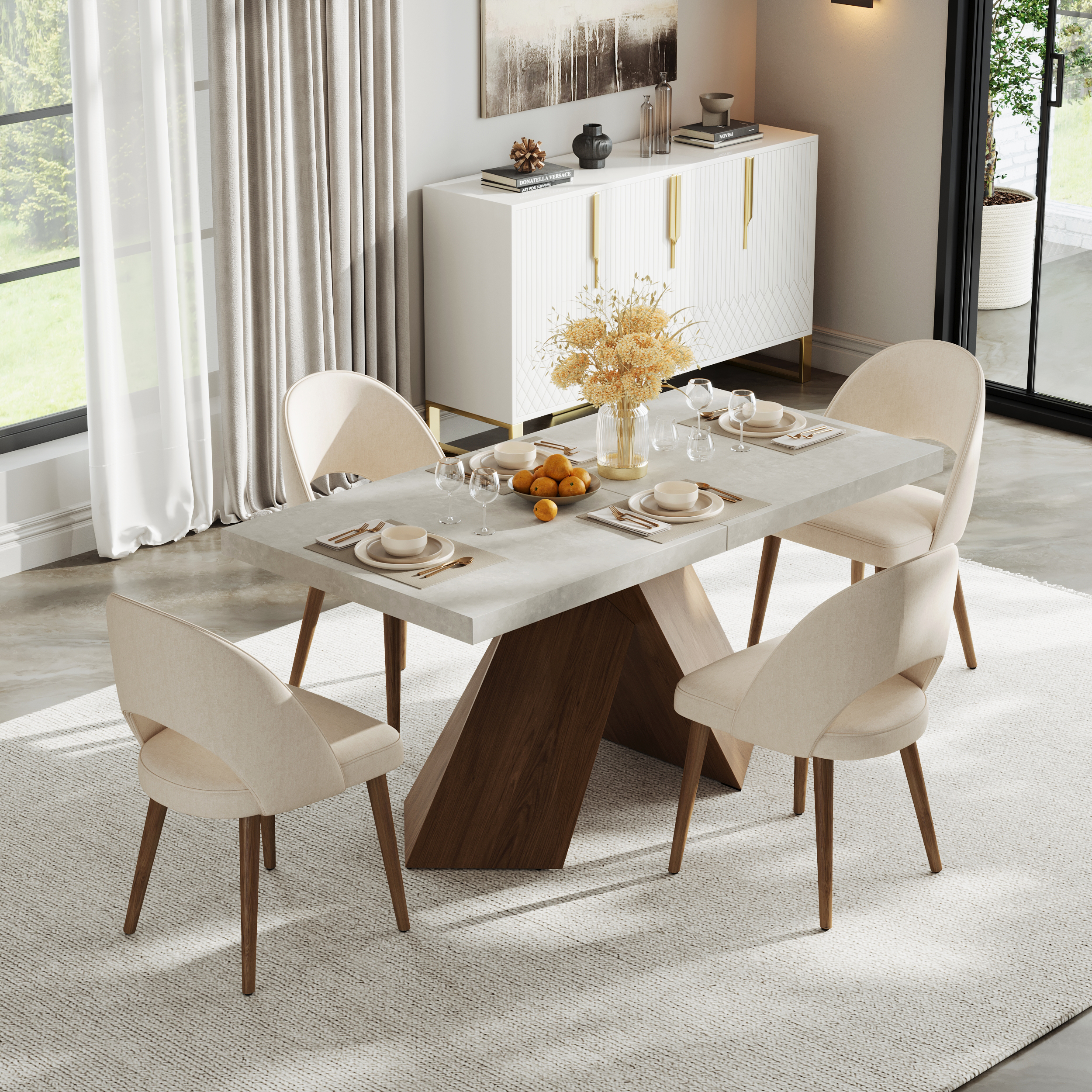 Dining Table Set 79"-94" Rectangle Extendable Dining Table & 6 Archic Japandi Rattan Dining Chairs