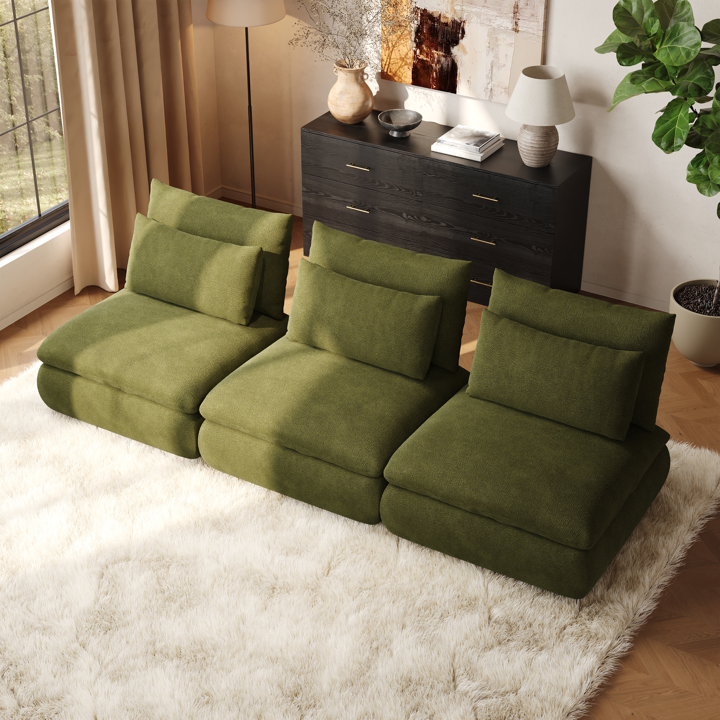 Sofá seccional modular de chenilla Evergreen de 108 pulgadas y 3 piezas con almacenamiento oculto