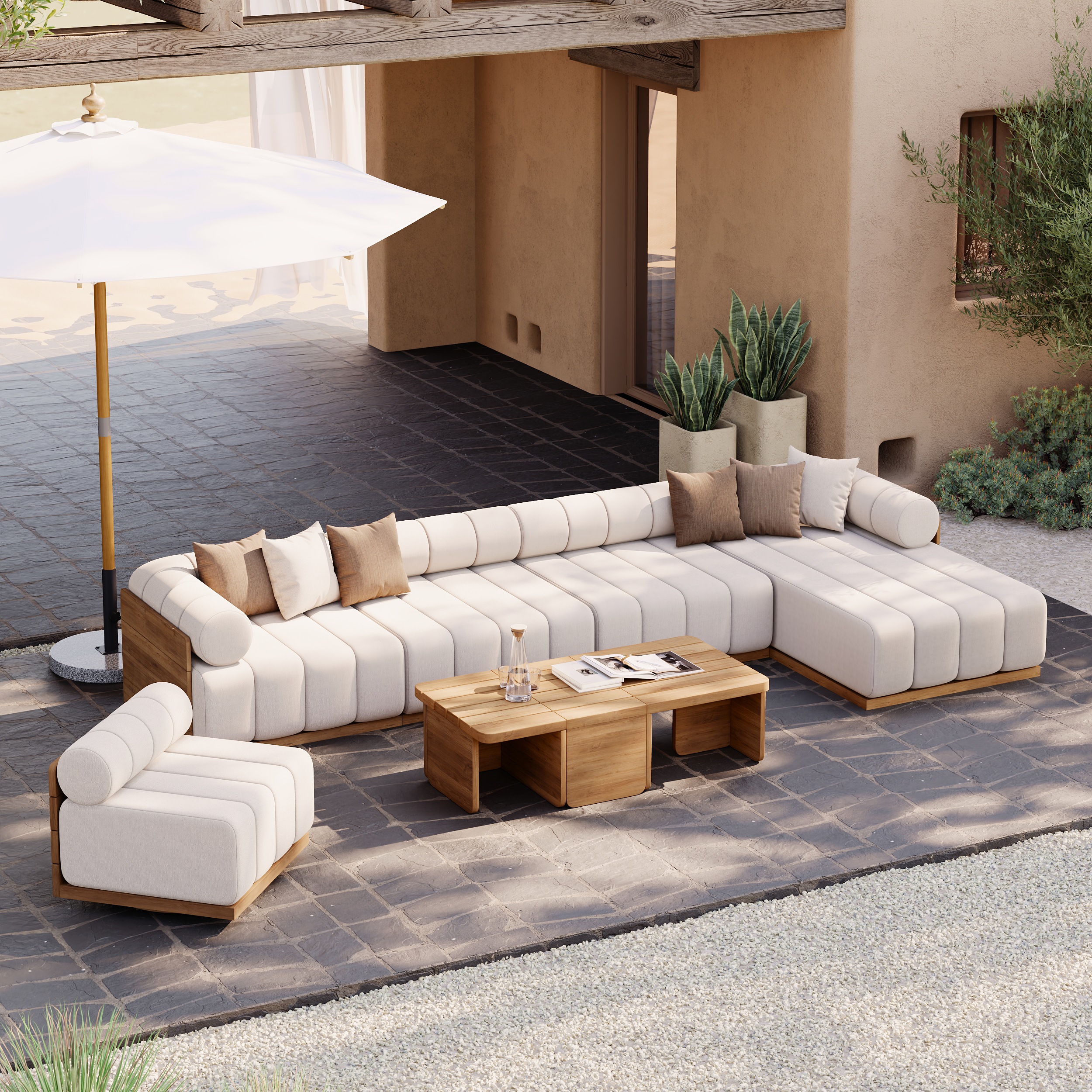 Conjunto de sofá modular de teca natural para exteriores Resaro de 8 piezas con diseño acanalado