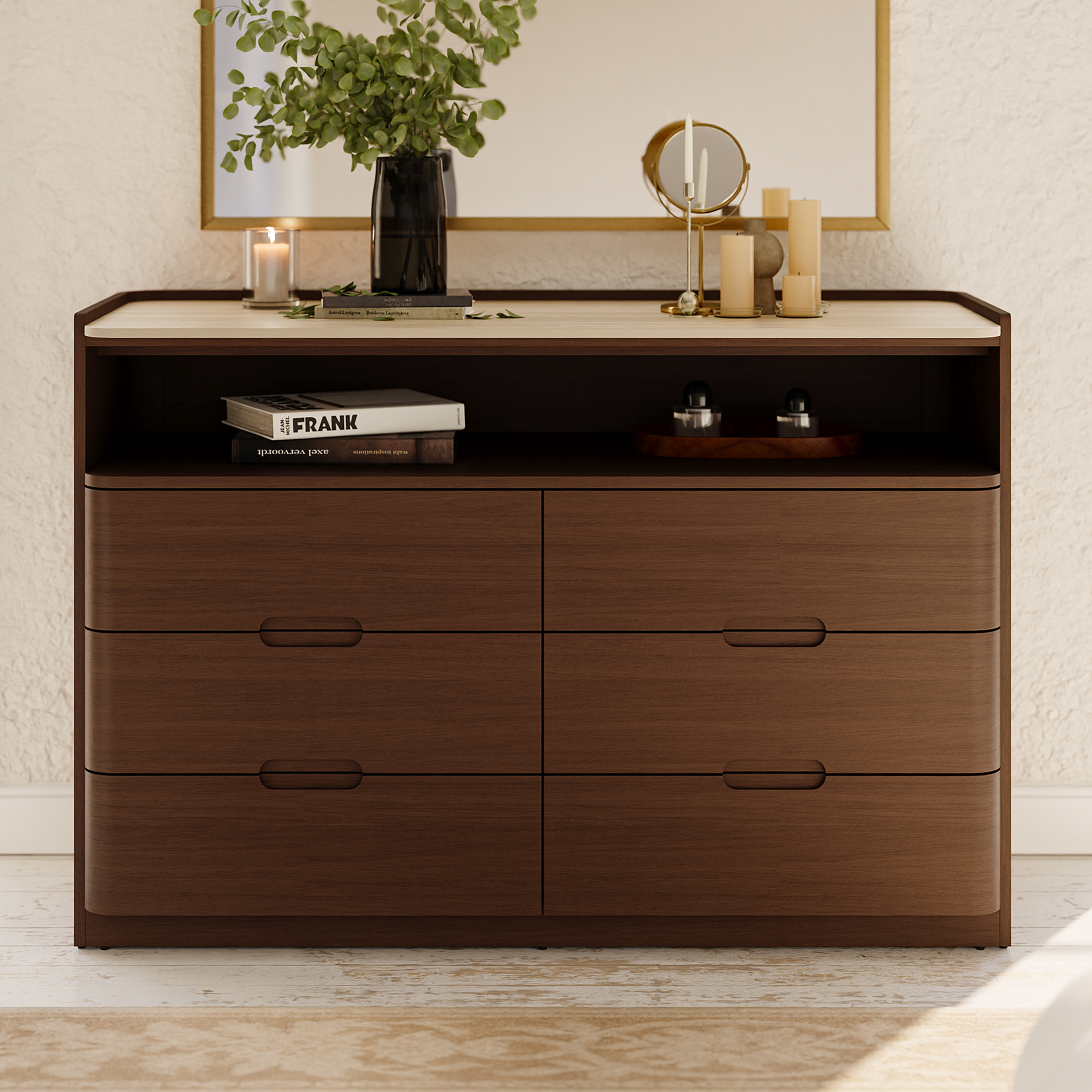 Arvona 47" 6-Drawer Walnut Chest of Drawers with Sintered Stone Top