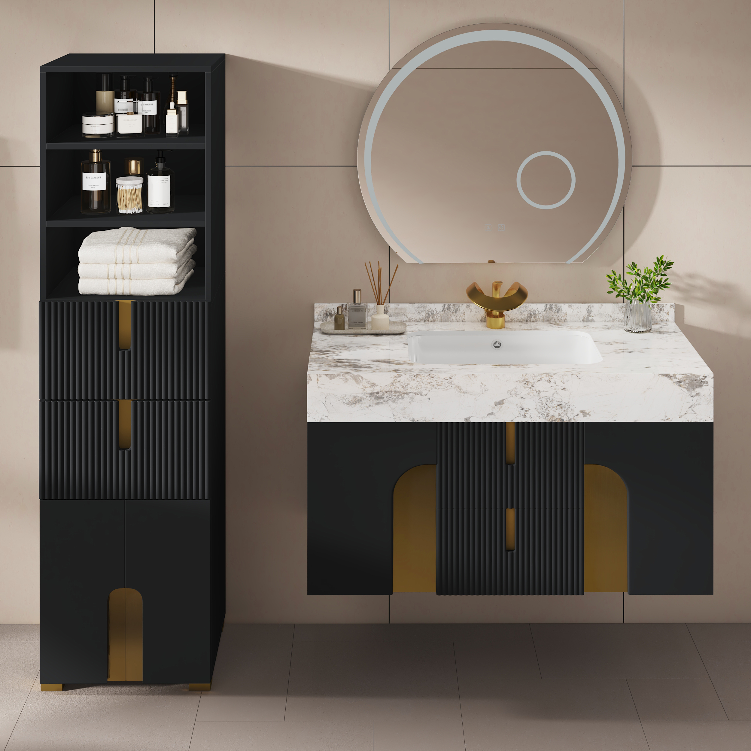 Artis 149cm Tall Bathroom Storage Cabinet & 92cm Wall-Mounted Single Vanity Set