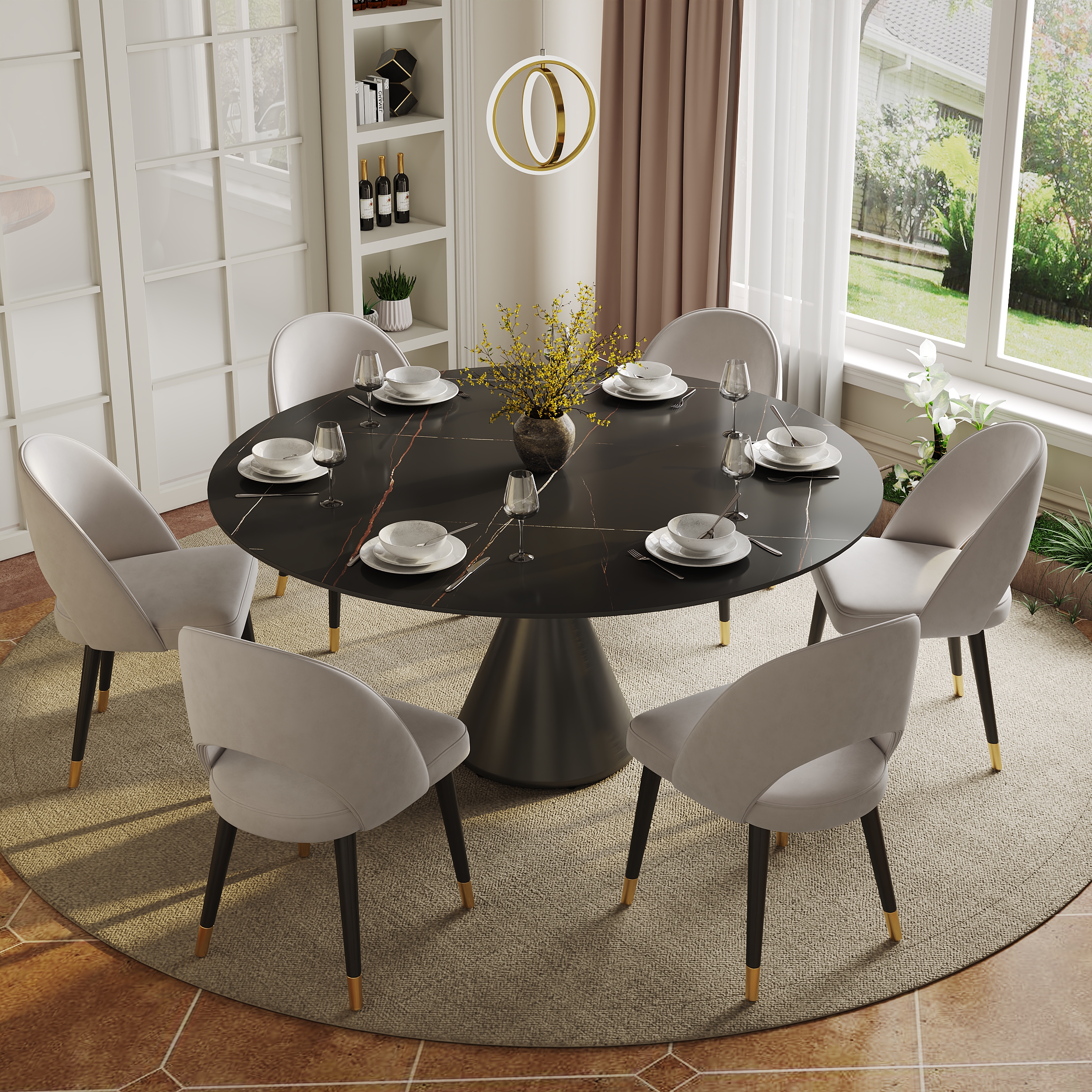 Mesa de comedor moderna redonda de piedra sinterizada mate de 152 cm con base de pedestal negra, capacidad para 6