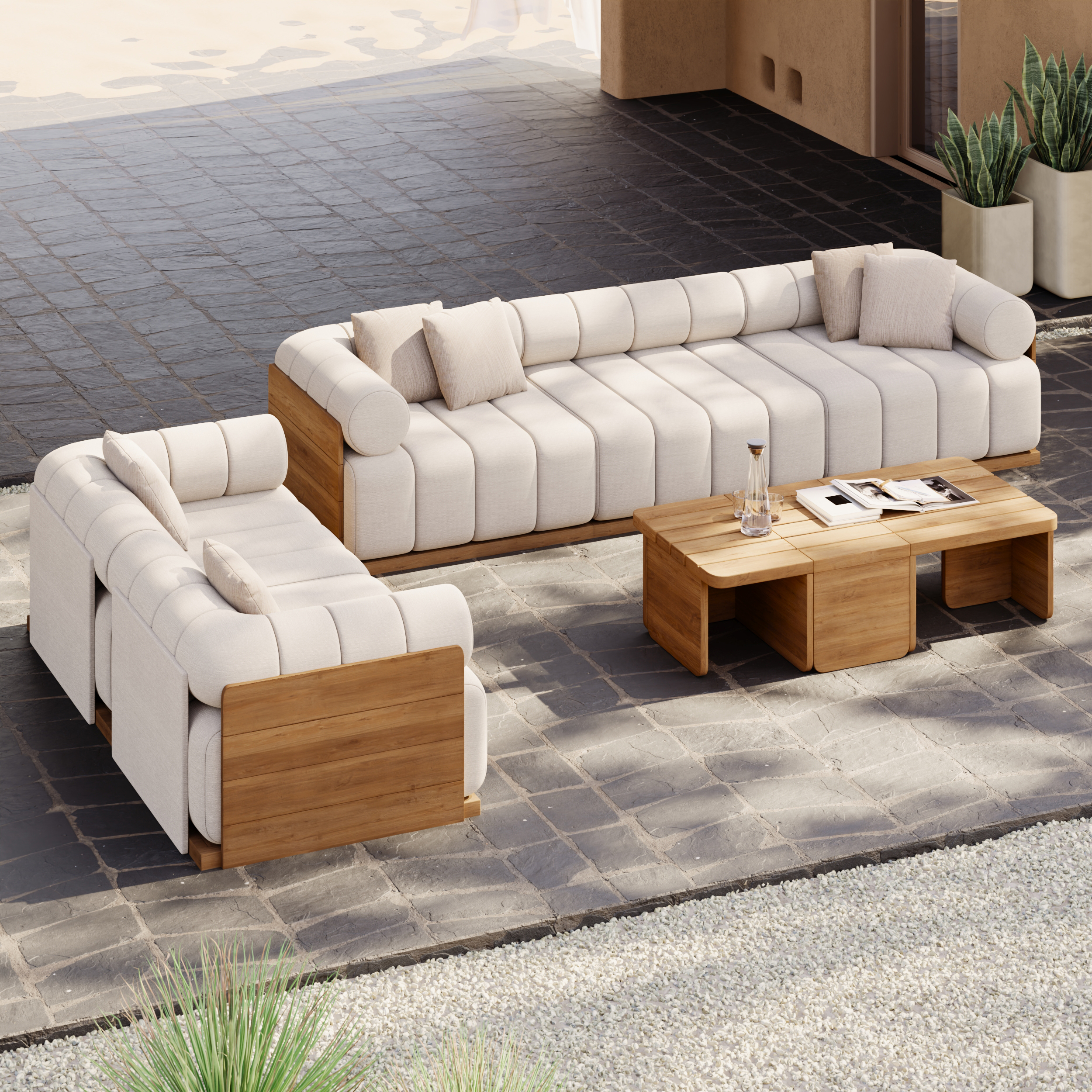 Conjunto de sofá modular de exterior Resaro de 8 piezas de teca natural acanalado
