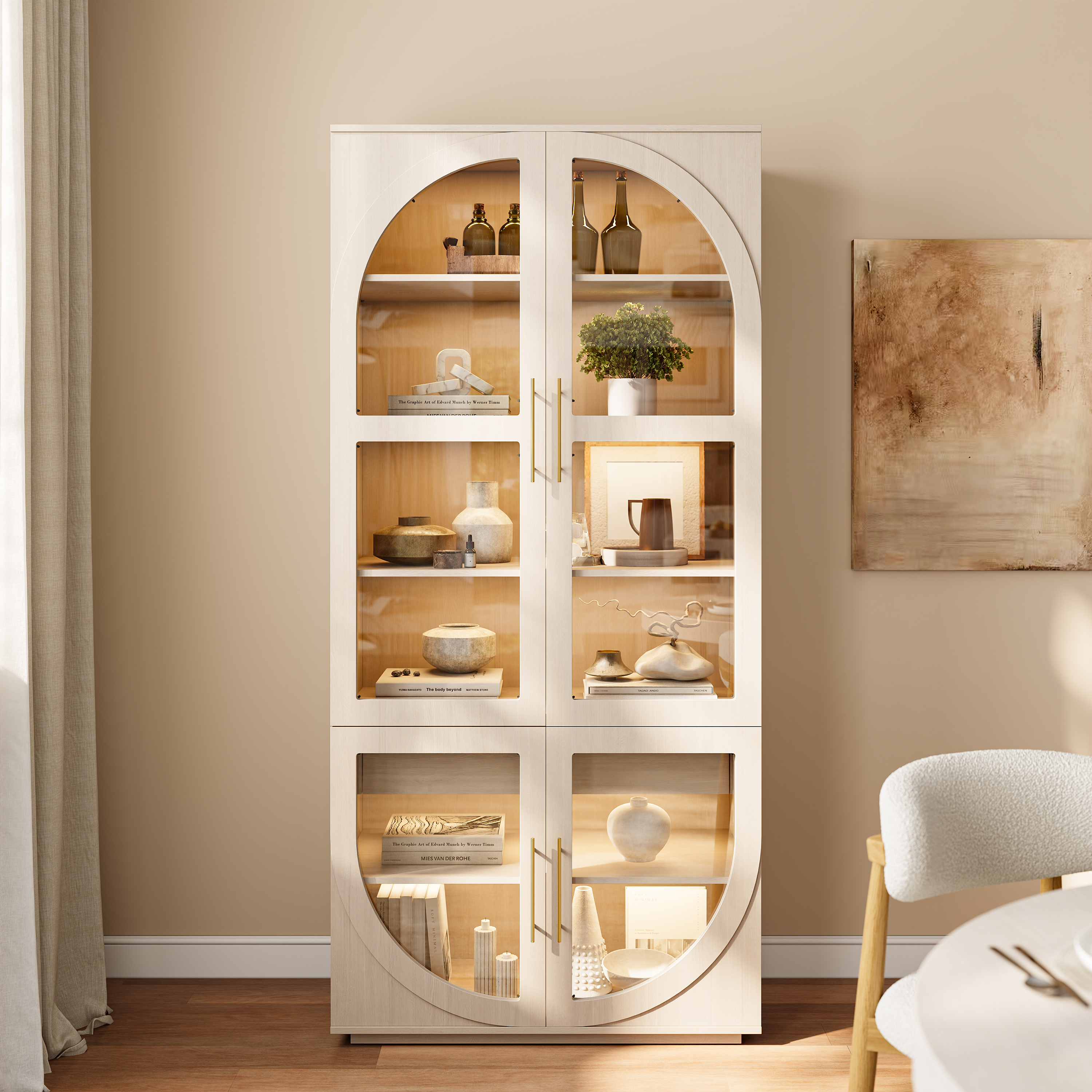 Arune Whitewash Glass Tall Display Cabinet with Drawers & LED