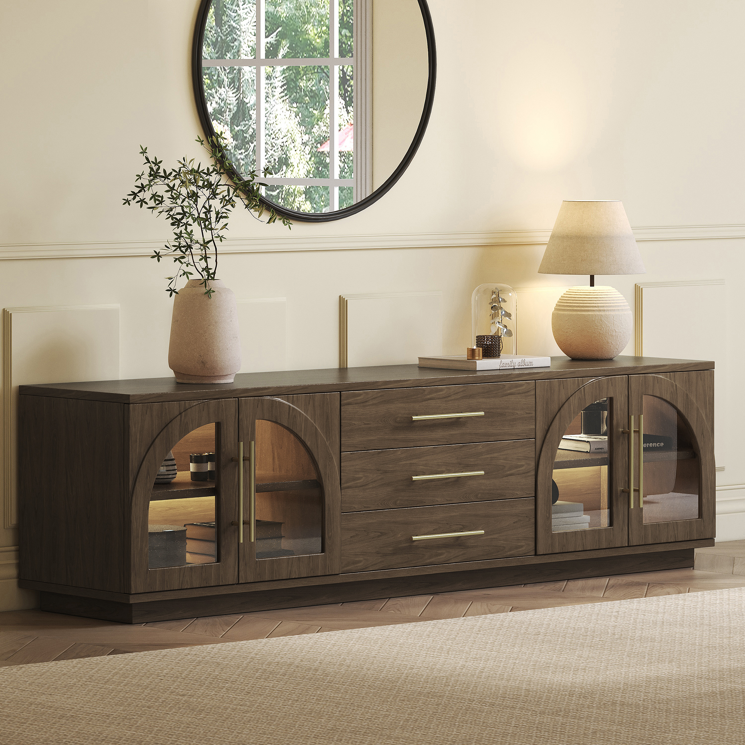 Mueble de TV Arune de 183 cm con puertas de vidrio arqueadas, color marrón ahumado, almacenamiento y LED
