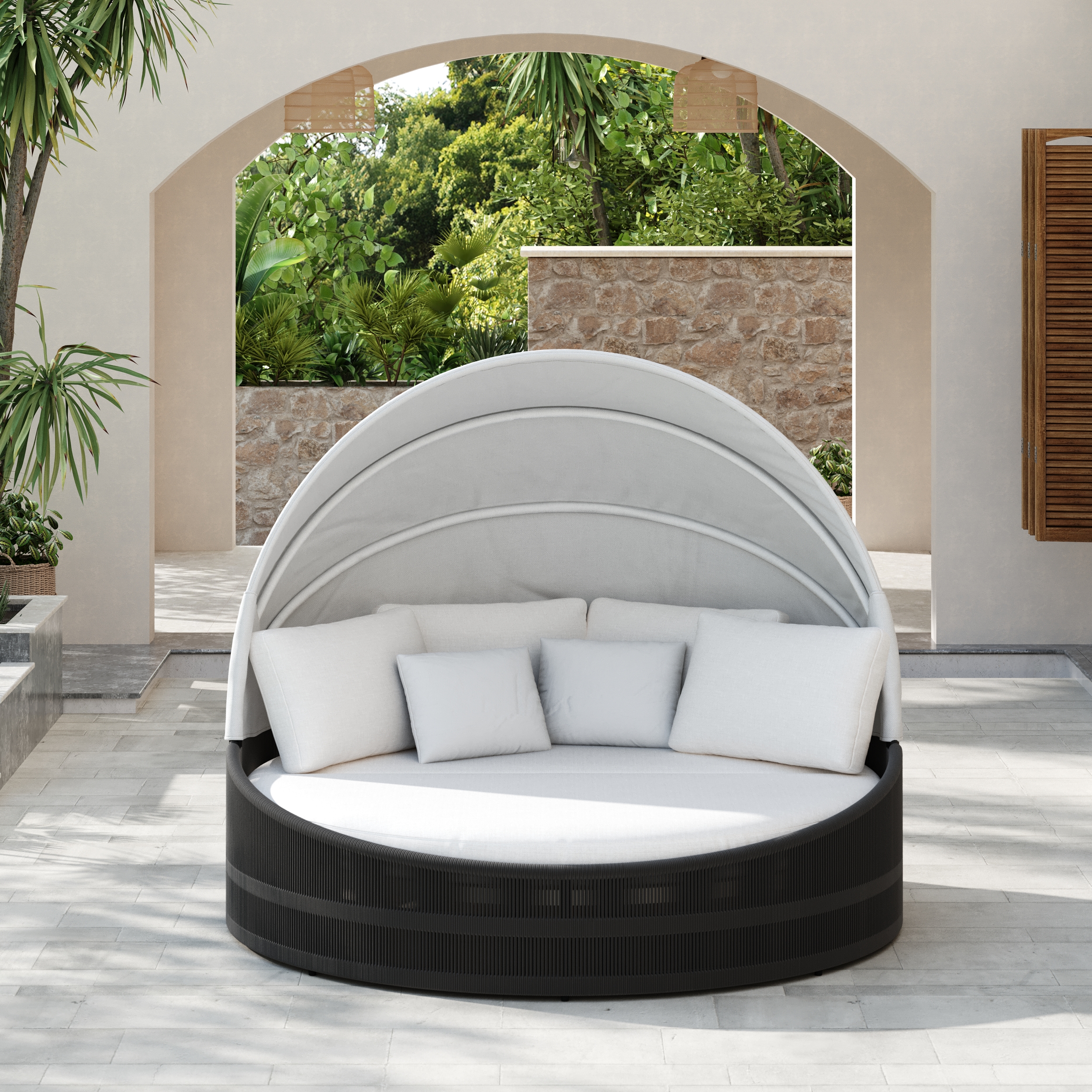 Daybed redondo para patio Costra resistente a la intemperie con toldo ajustable en color negro