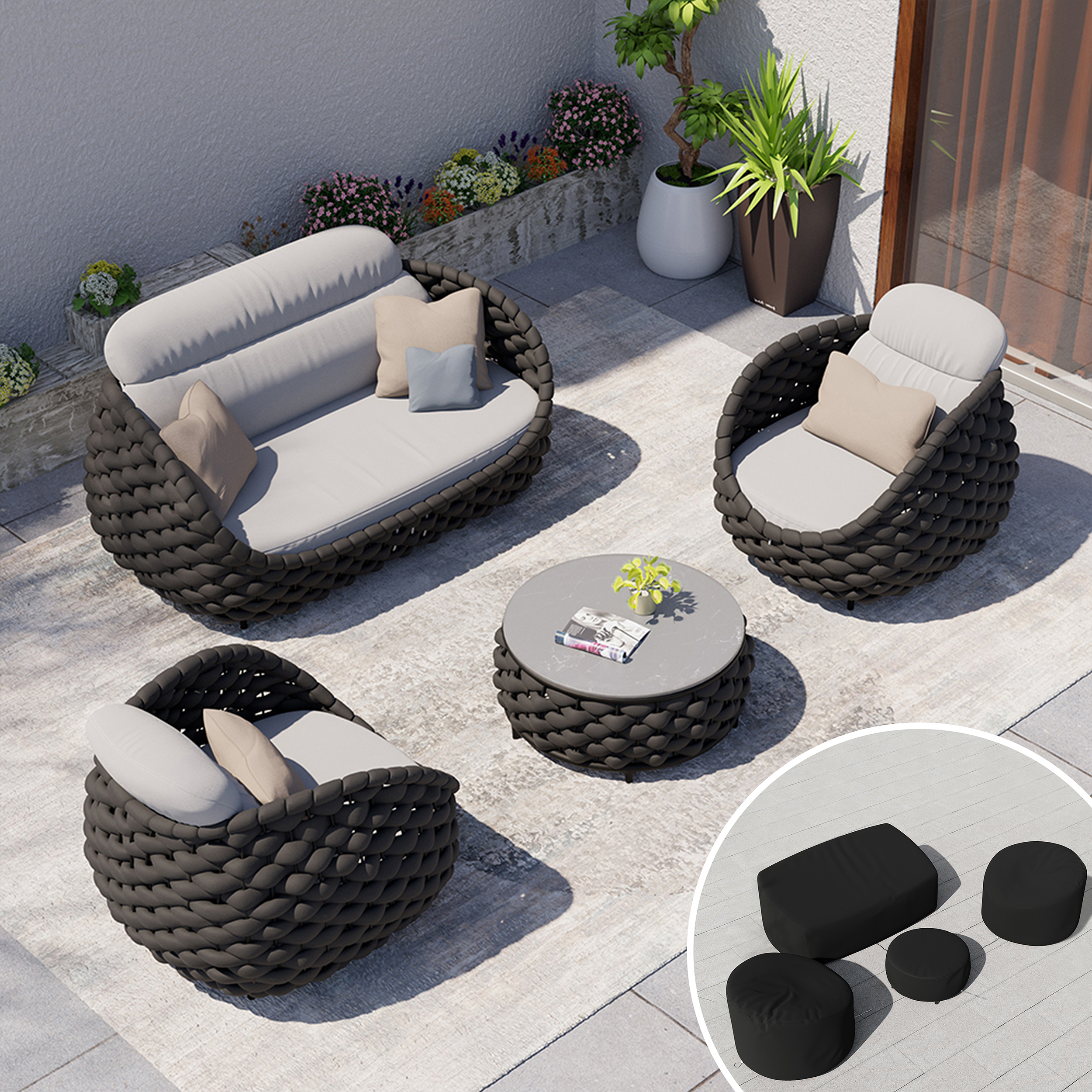 Conjunto de sofá de 8 piezas para exteriores Cocaro de tejido de cuerda con funda negra en gris oscuro