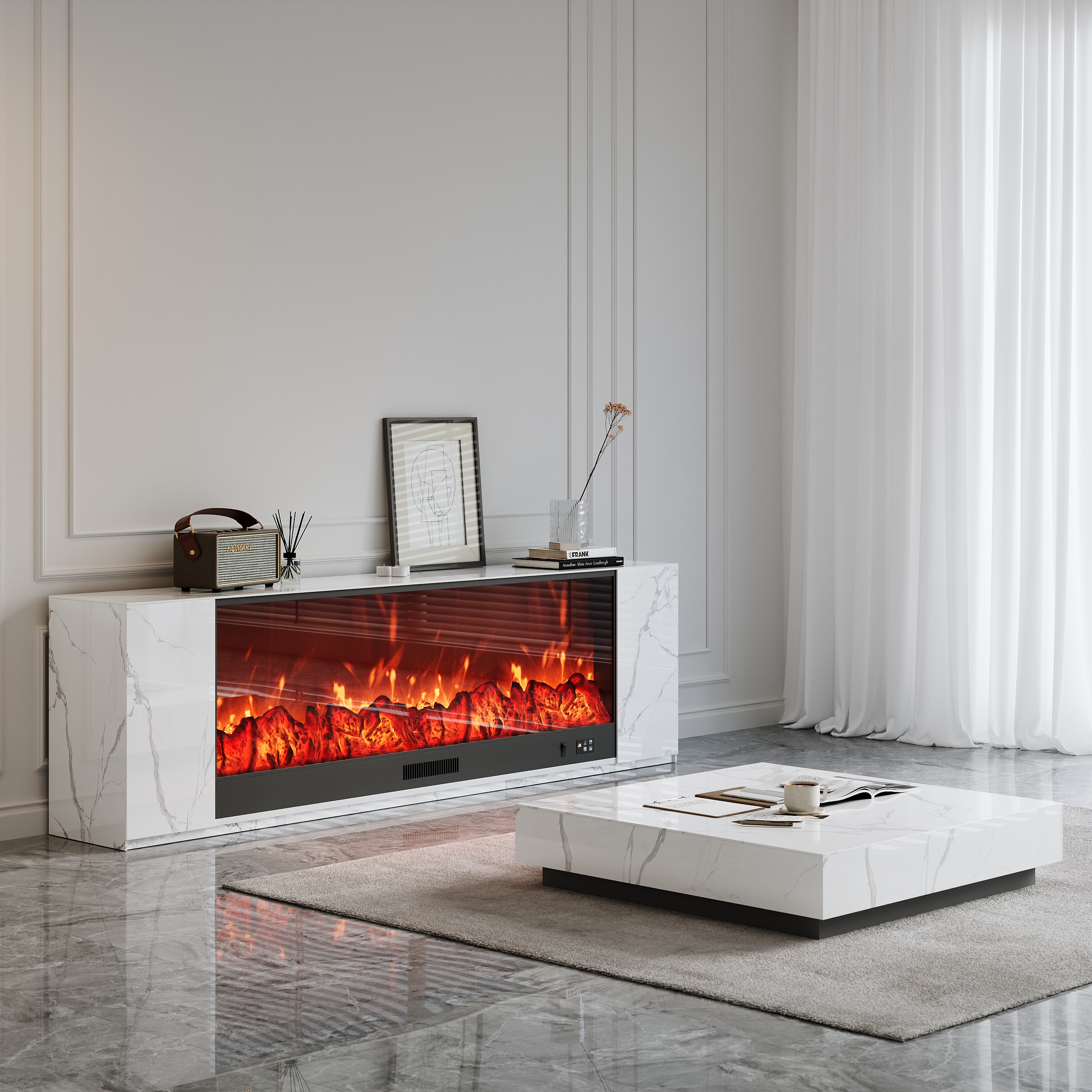 Set de soporte para TV con chimenea eléctrica de piedra sinterizada de 79" y mesa de centro