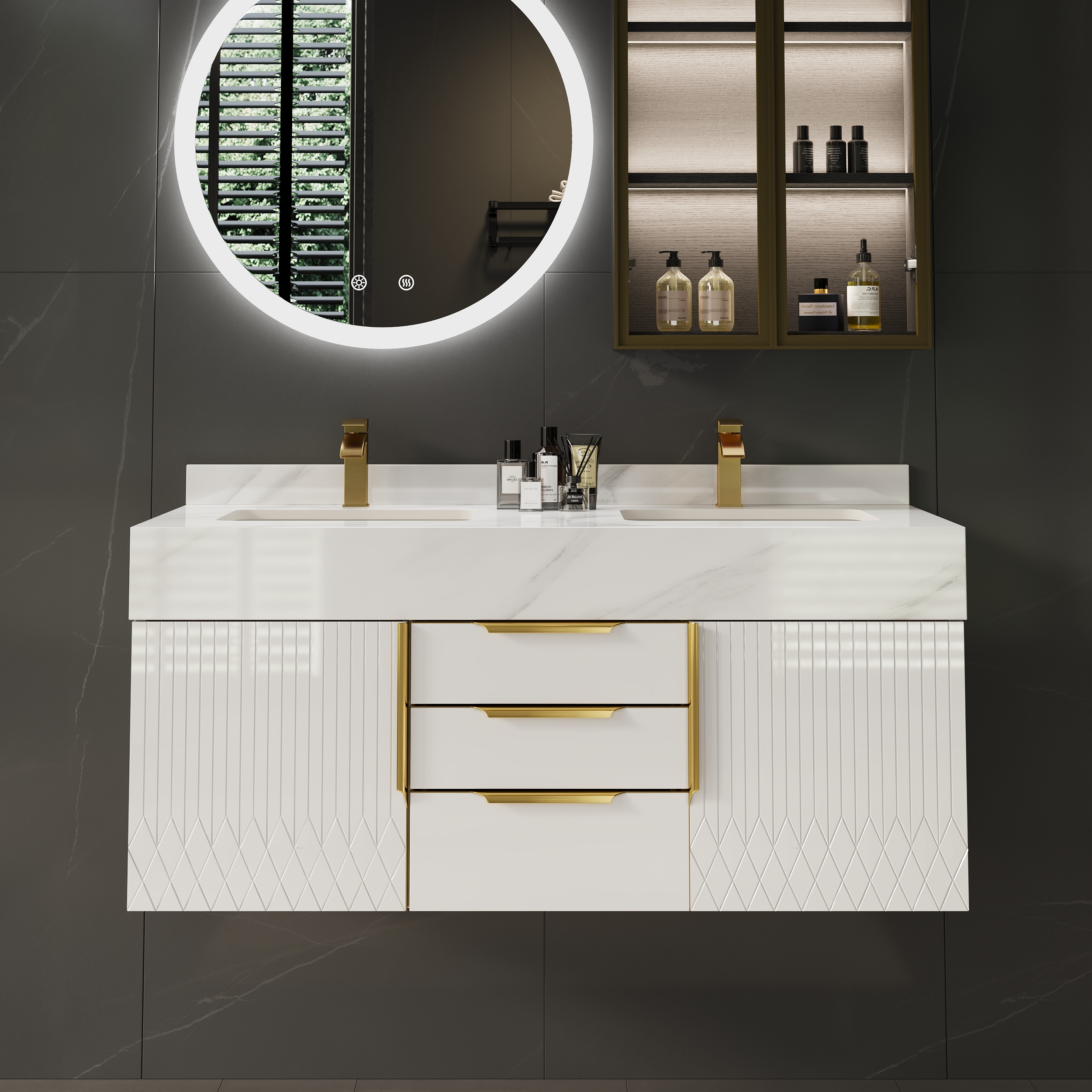 Tocador de baño doble flotante Aro de 120cm con lavabo y encimera de piedra sinterizada