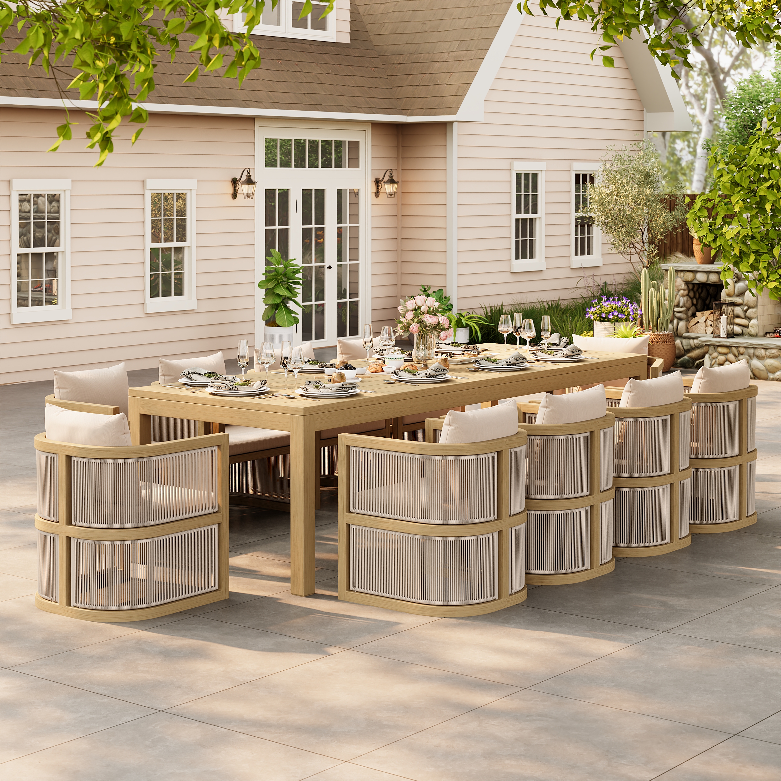 Wevara 11-Piece Outdoor Rope Weave Dining Set with 10 Chairs in Natural