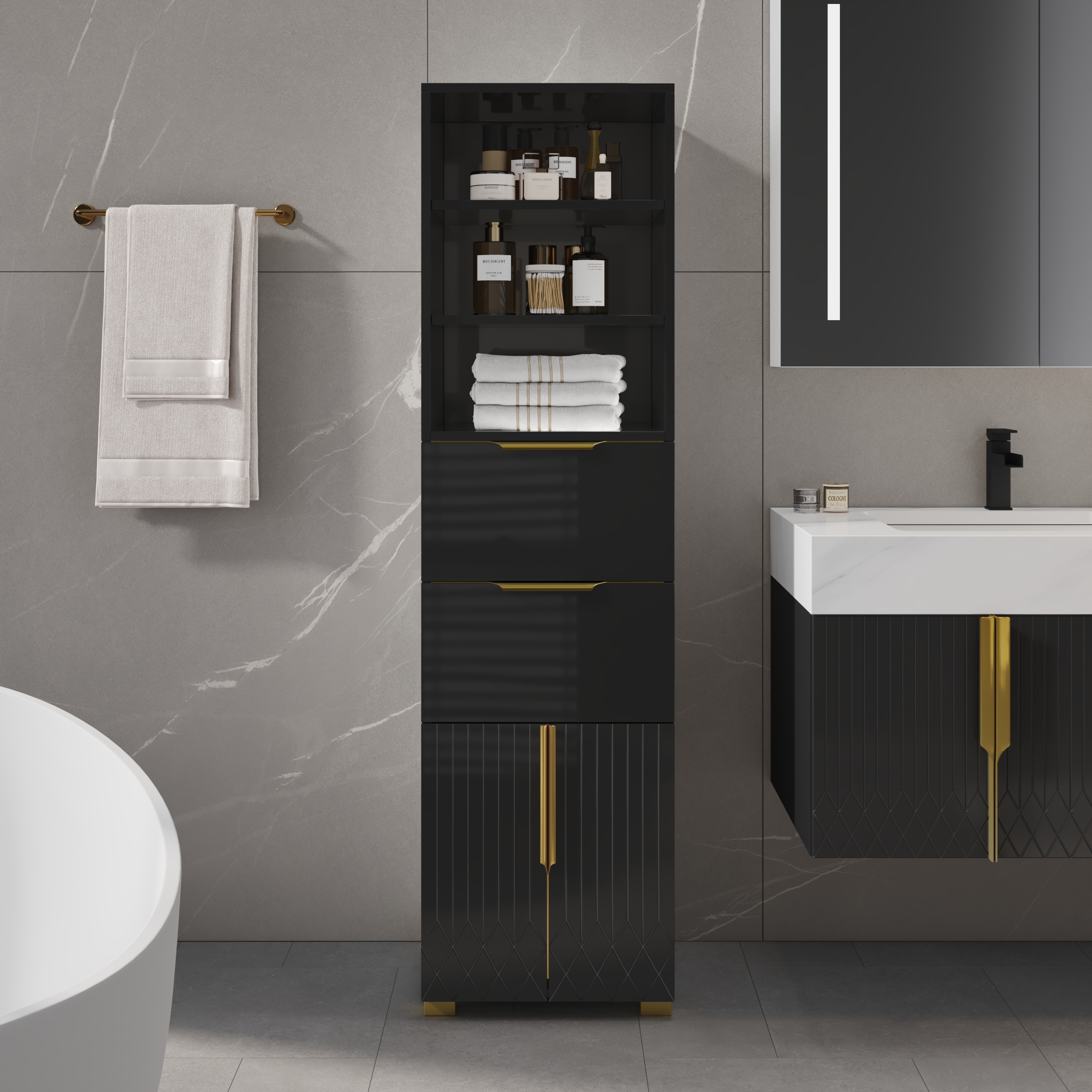 Armoire de rangement de salle de bain Aro 149cm, colonne de rangement sur pied avec étagères, tiroirs et portes