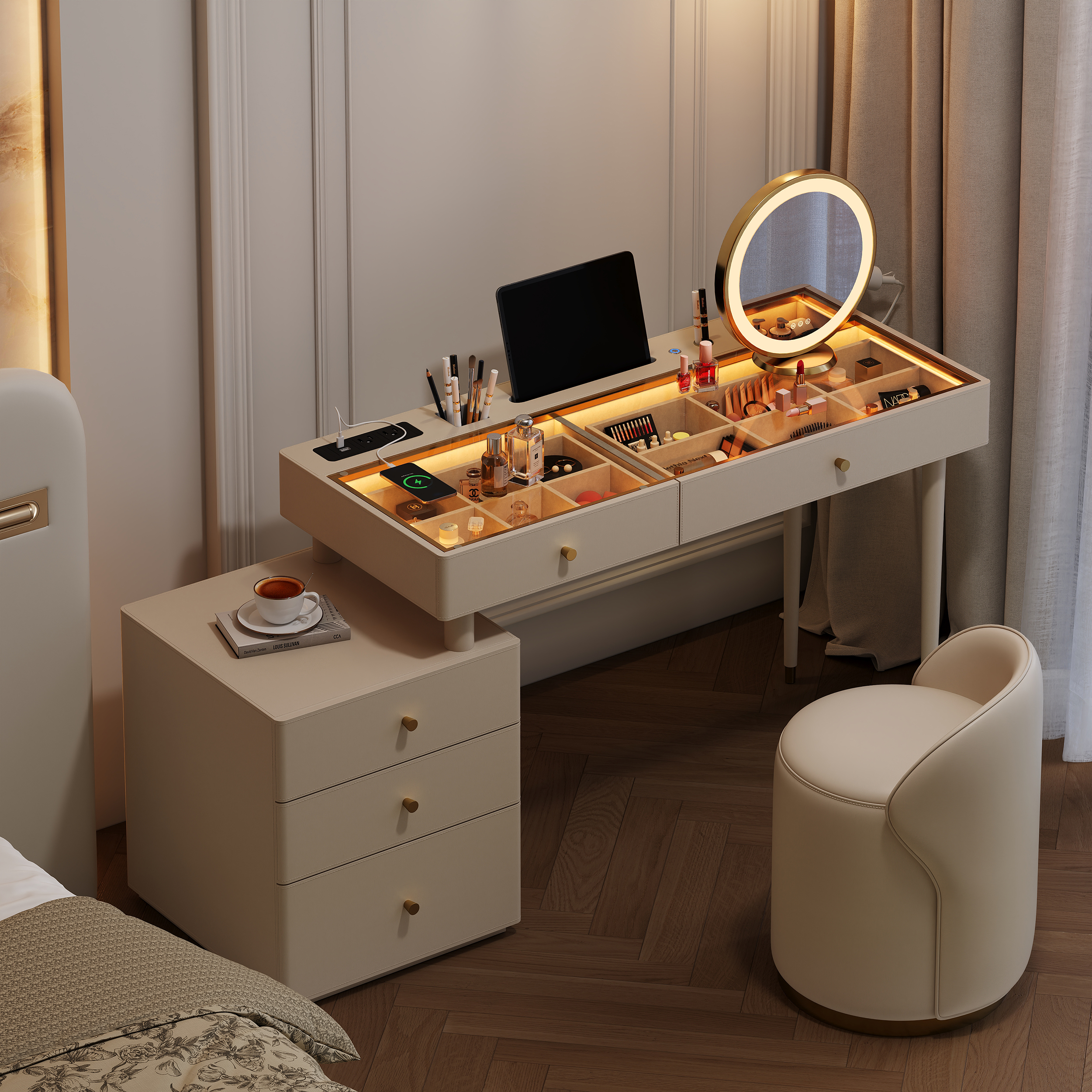 Selvo Saddle Leather Extendable Makeup Vanity Set with LED Mirror & Stool (120â157 cm)-image-online-en-uk-56207