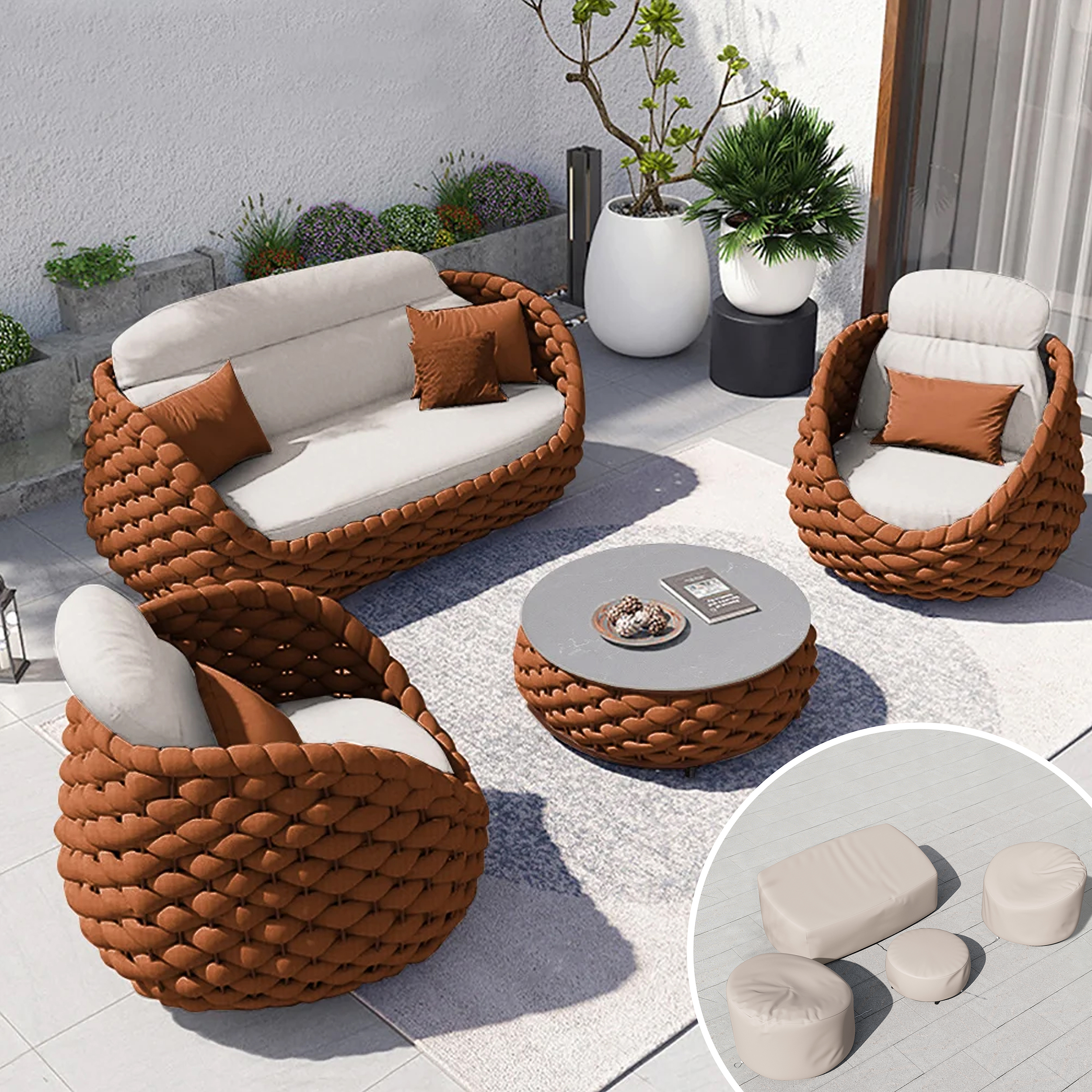 Conjunto de sofá giratorio de 8 piezas para exteriores con tejido de cuerda y funda color marfil en naranja
