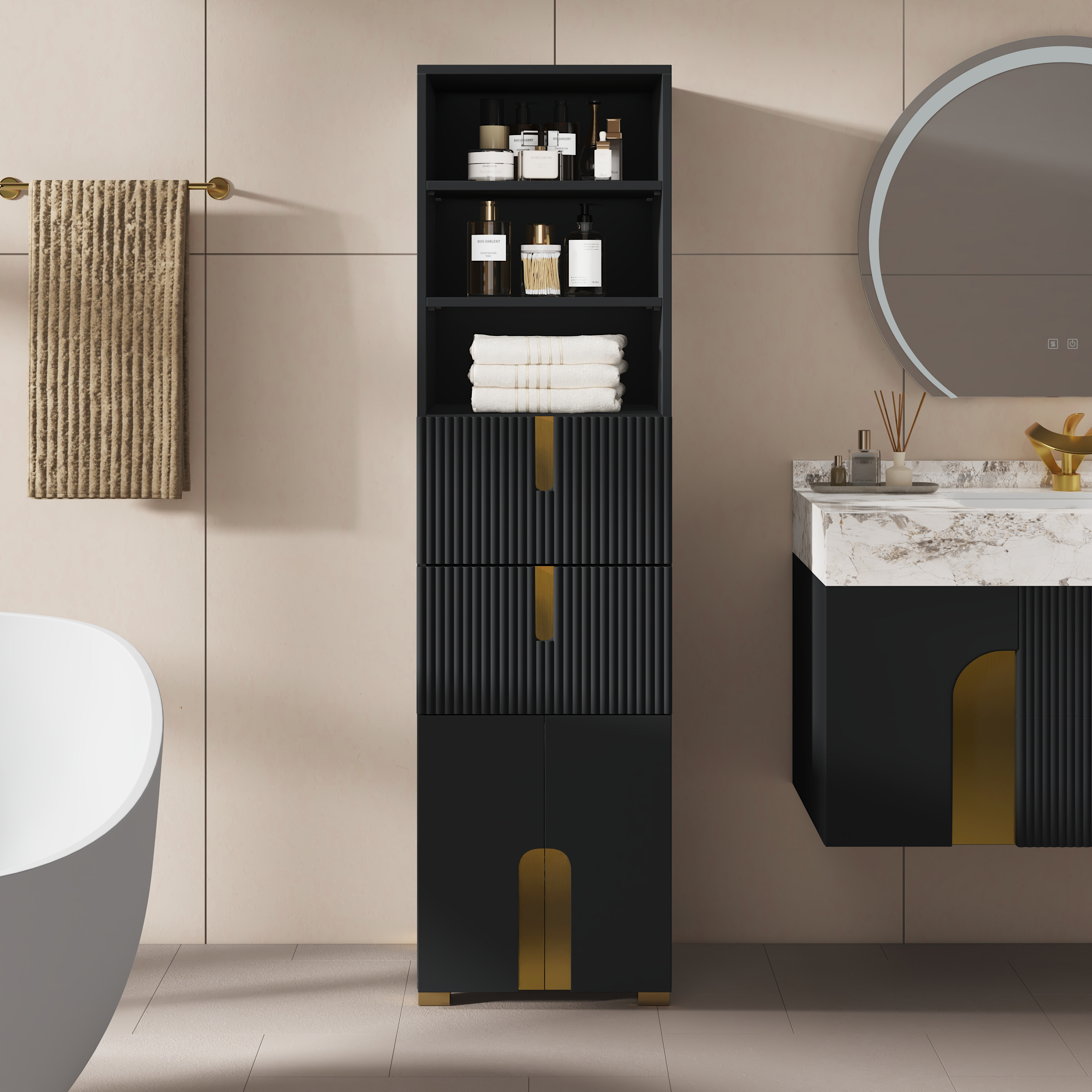 Mueble de almacenamiento para baño Artis de 150 cm – Torre de lino independiente con 2 cajones y 2 puertas