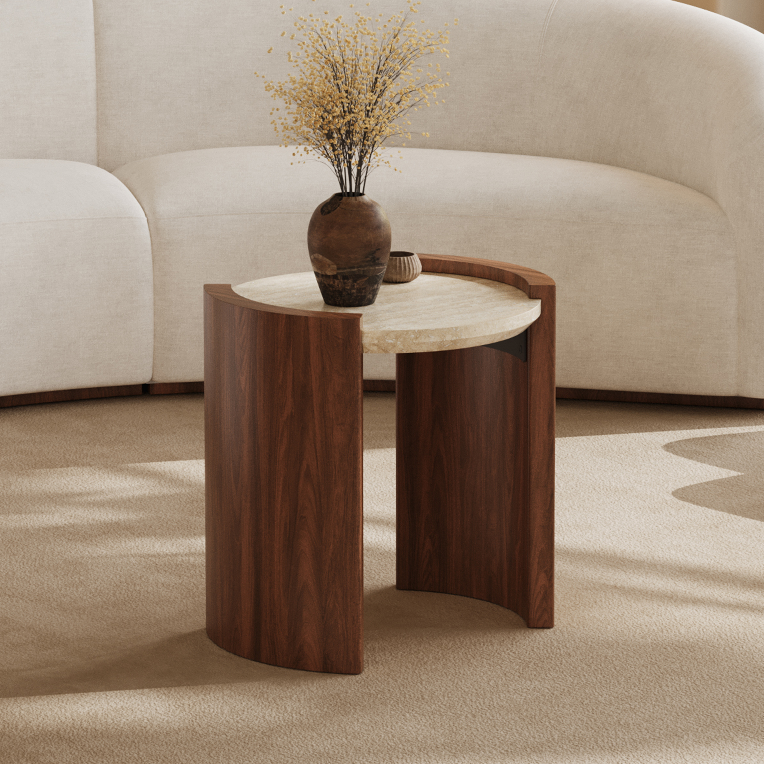 Table d'appoint ronde en noyer de 20 pouces avec plateau en travertin