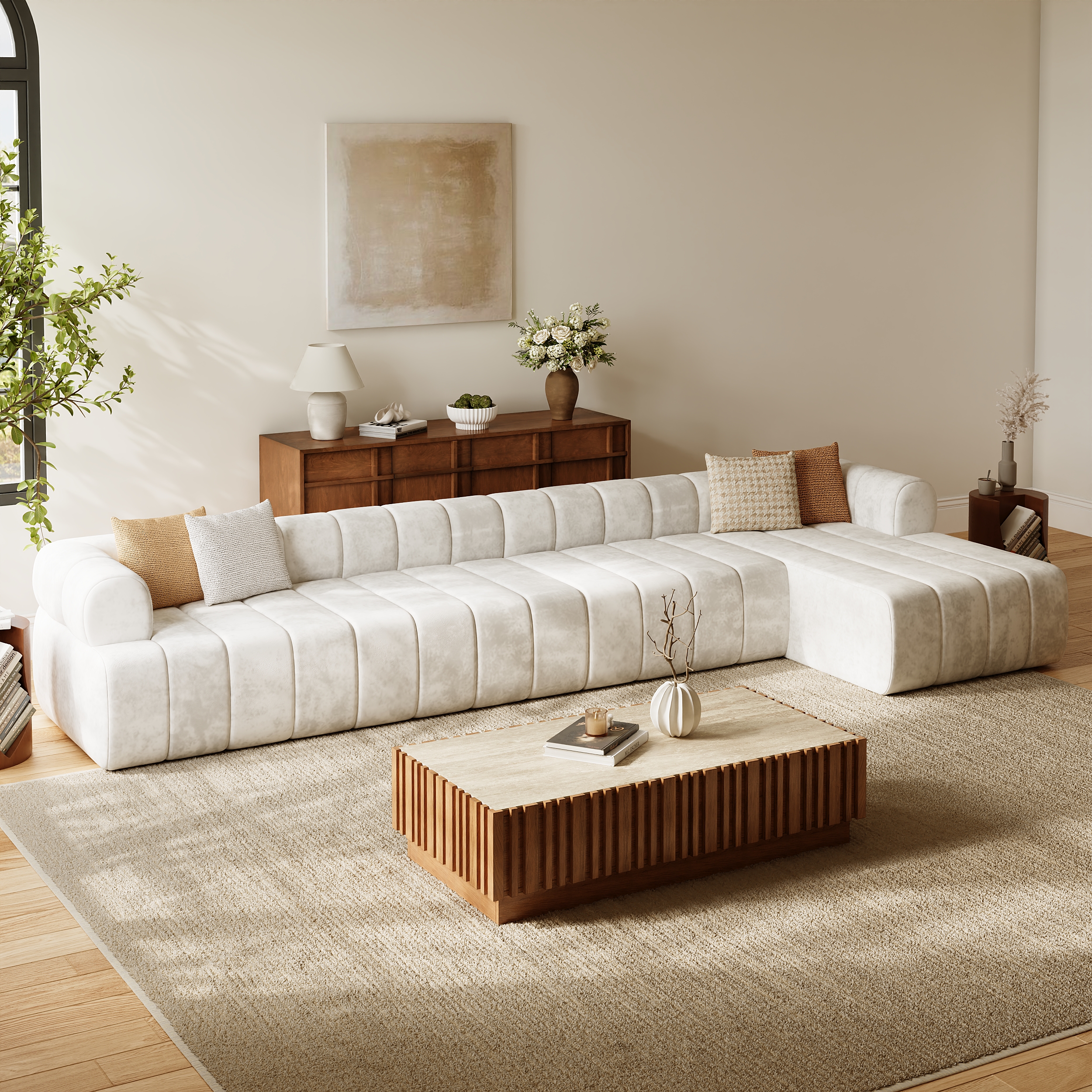 Sofá seccional Nimbus de terciopelo capitoné de 4 piezas con chaise de 157"