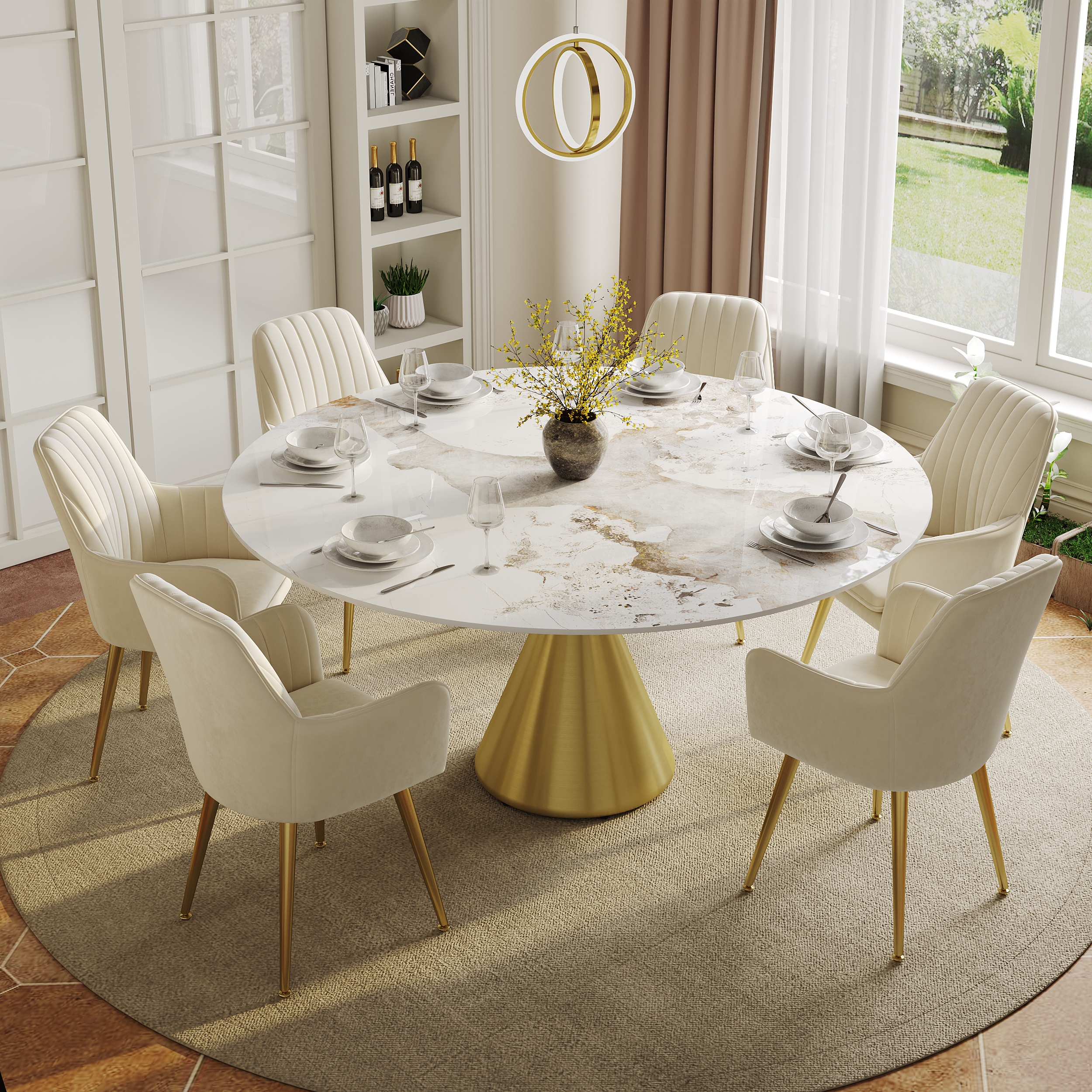 Mesa de comedor redonda de piedra sinterizada brillante de 60" con base de pedestal de metal dorado, para 6 personas
