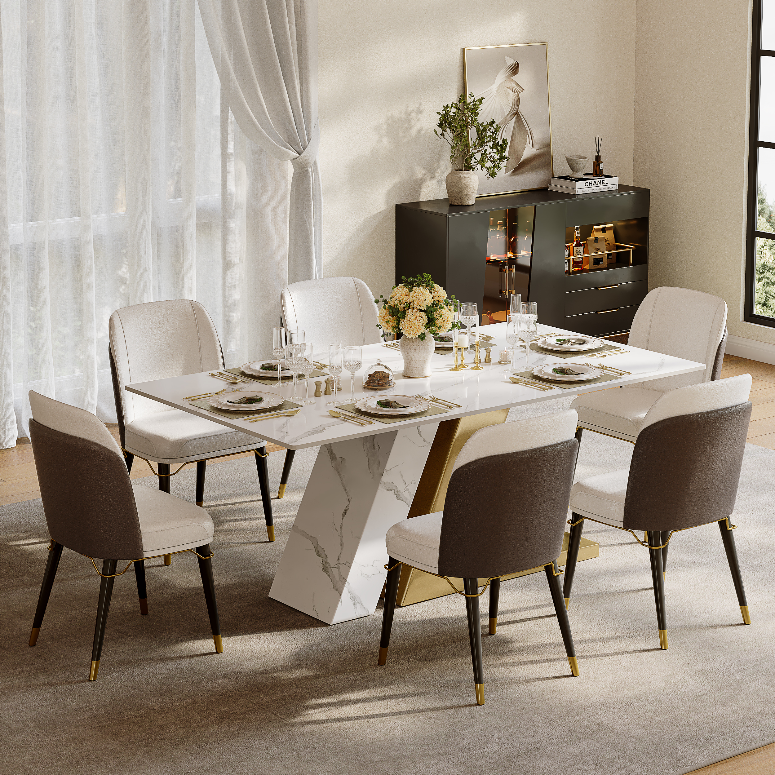 Dining Set 180 cm Modern Rectangle Sintered Stone Dining Table with 6 Chairs