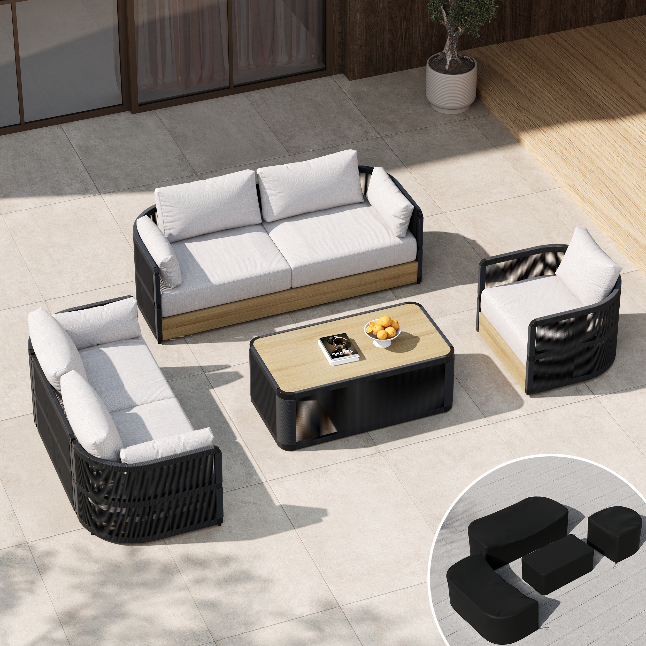 Conjunto de sofá giratorio de exterior moderno Costra de aluminio y cuerda con mesa de centro y funda en negro
