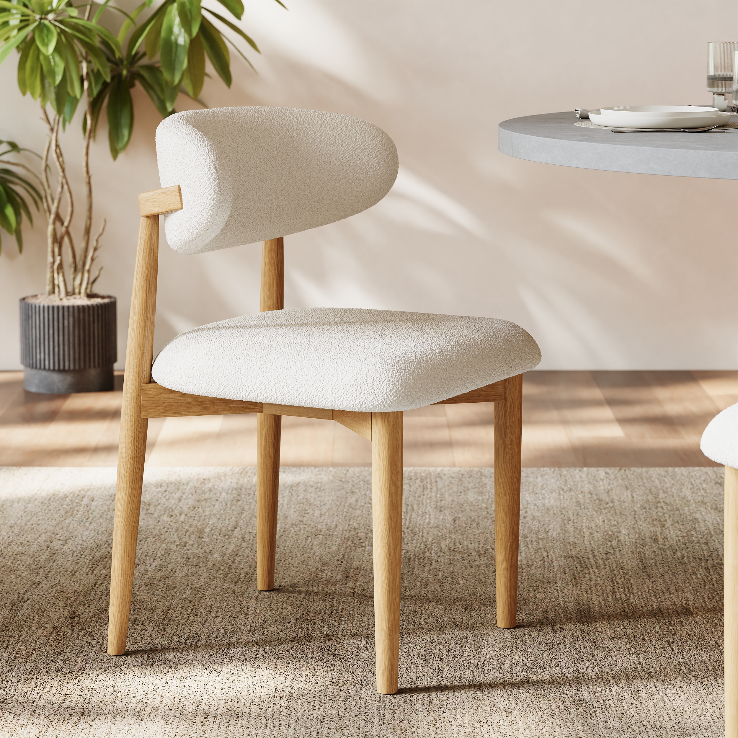 Silla de comedor moderna de bouclé natural con patas de madera de caucho, 1 pieza