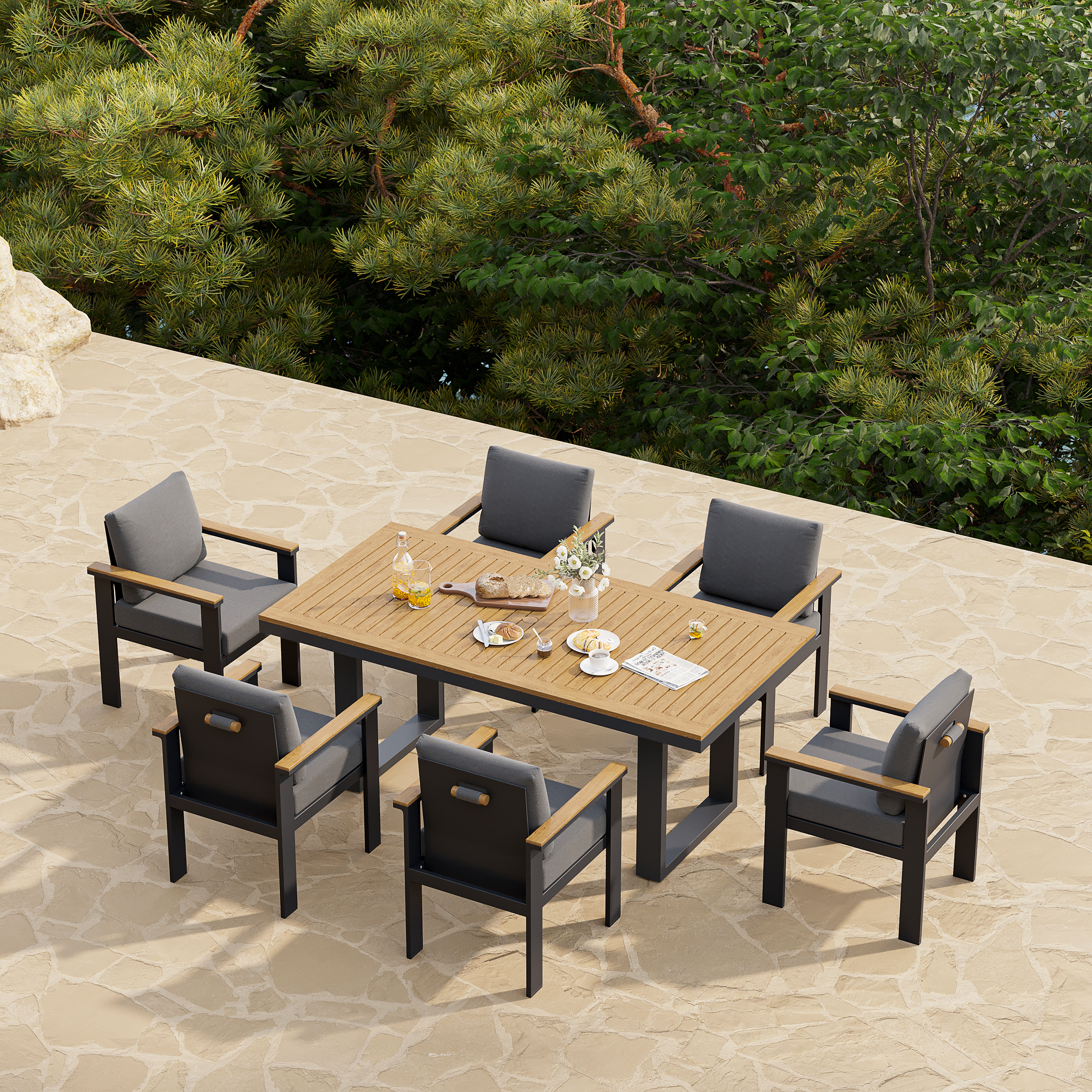 Tevara 7-Piece Rectangular Wood & Aluminium Outdoor Patio Dining Set for 6 People