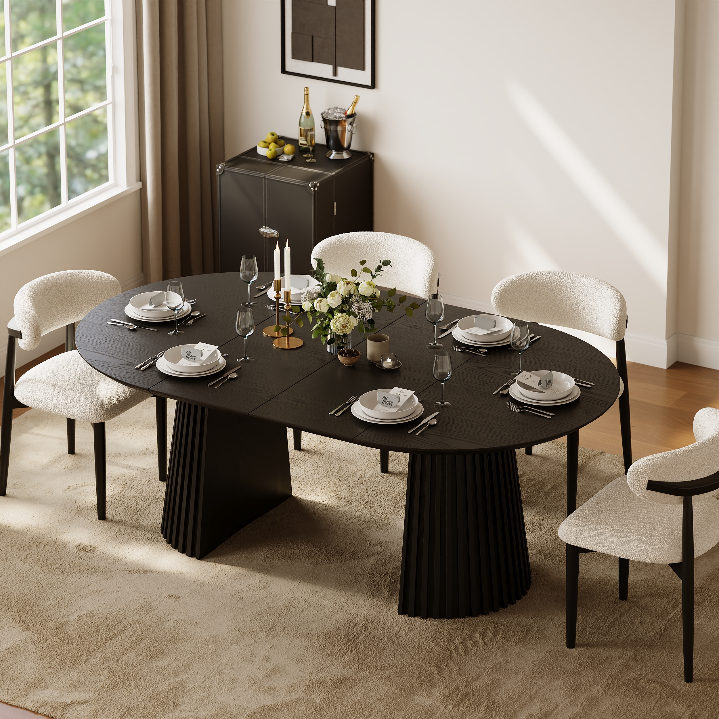 Mesa de comedor redonda a ovalada extensible de 119 cm a 200 cm con base estriada, capacidad para 4-6 personas
