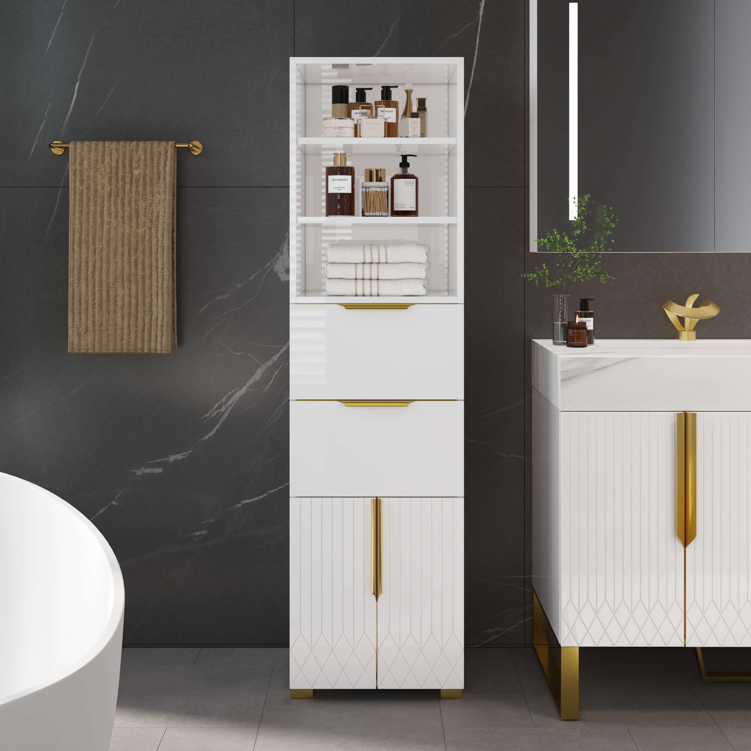 Mueble de almacenamiento de baño independiente Aro de 150 cm con estantes, cajones y puertas
