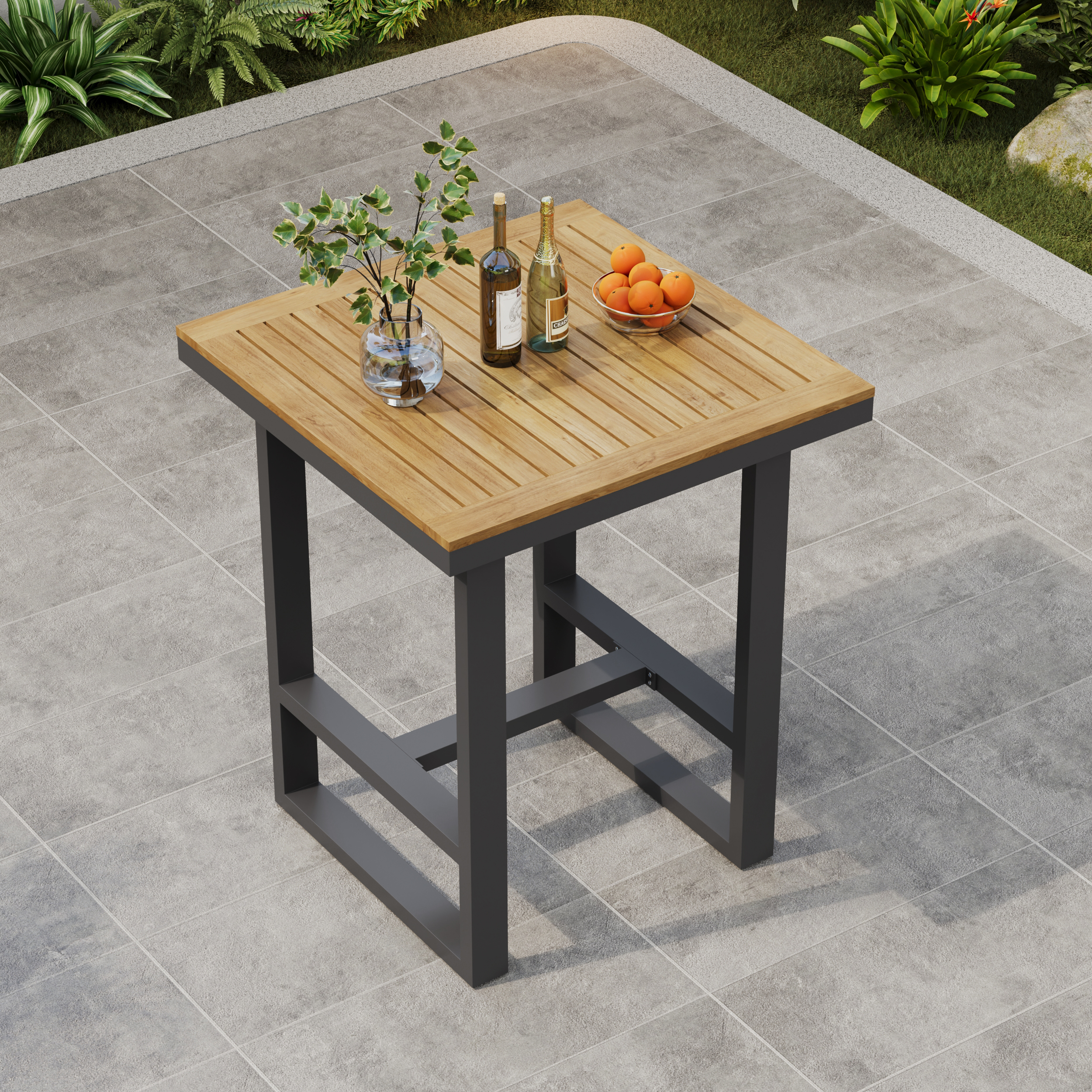 Mesa de bar cuadrada para exteriores Tevara con tablero de listones de madera de teca y estructura de aluminio en gris