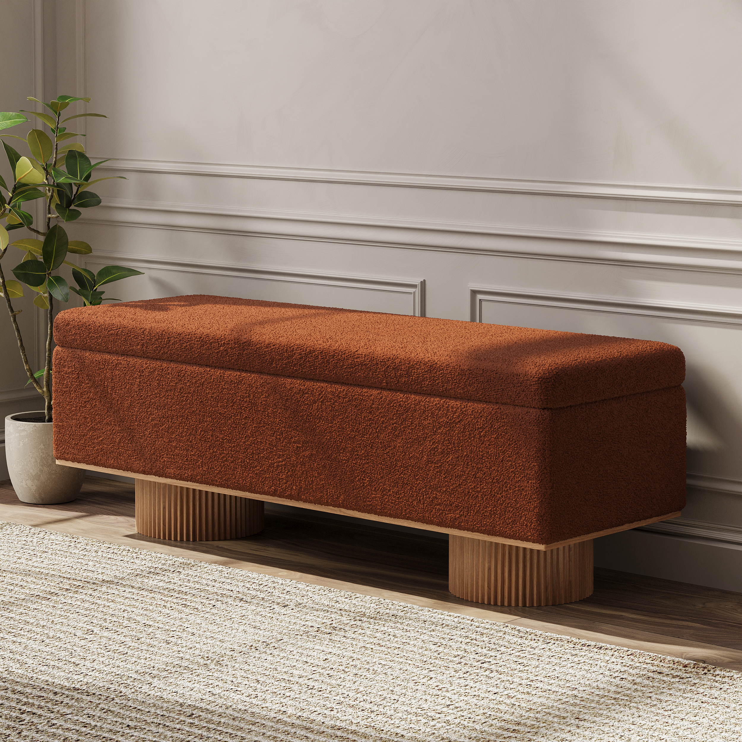 Banco de almacenamiento de madera con tapa abatible de tela de peluche y piel sintética