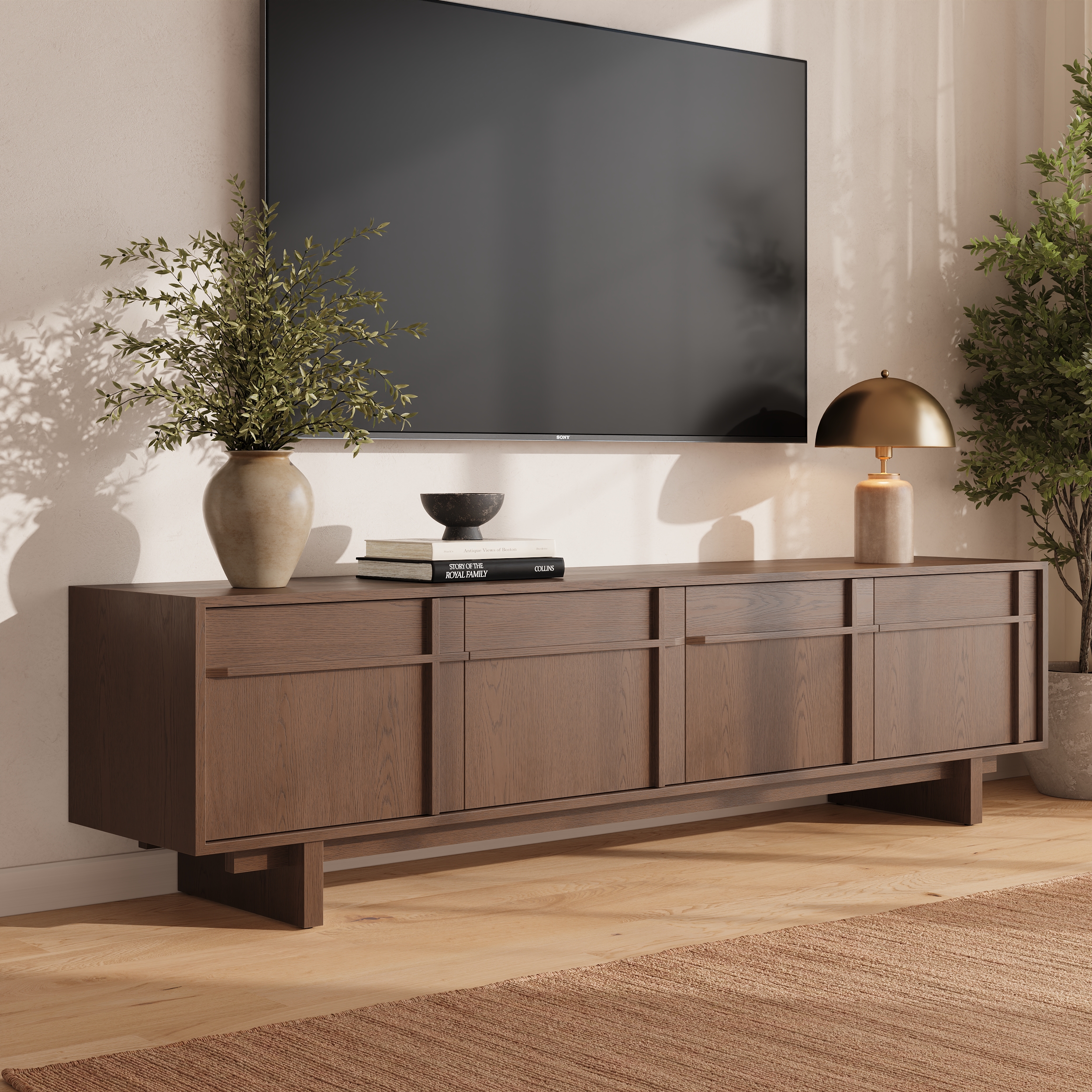 Panvyr 80" Ash Wood Walnut TV Stand with Storage