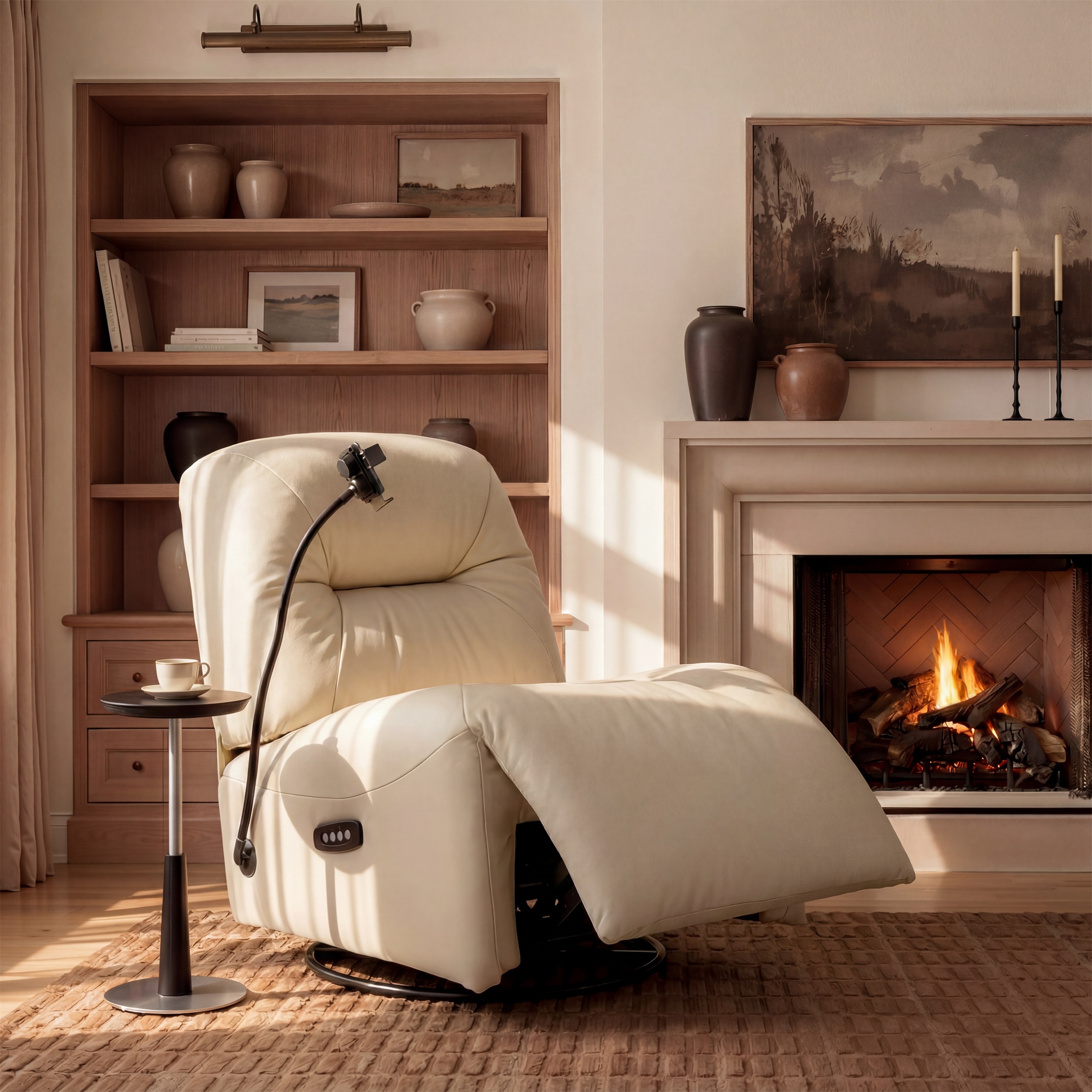 Sillón decorativo reclinable, giratorio y mecedor eléctrico de cuero genuino con soporte para teléfono
