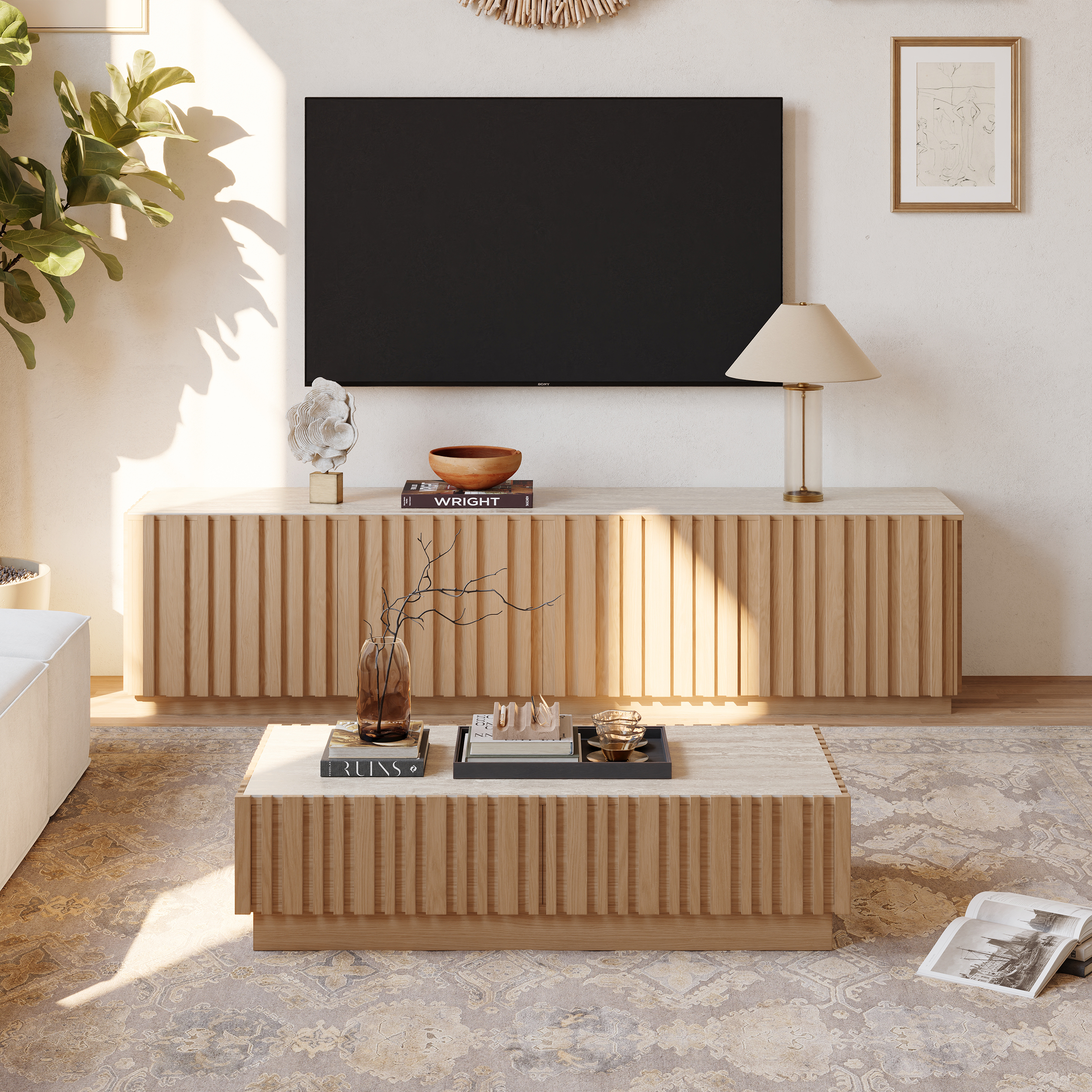 Conjunto de mueble de TV Aura de madera de fresno con lamas y mesa de centro con tapa de piedra sinterizada