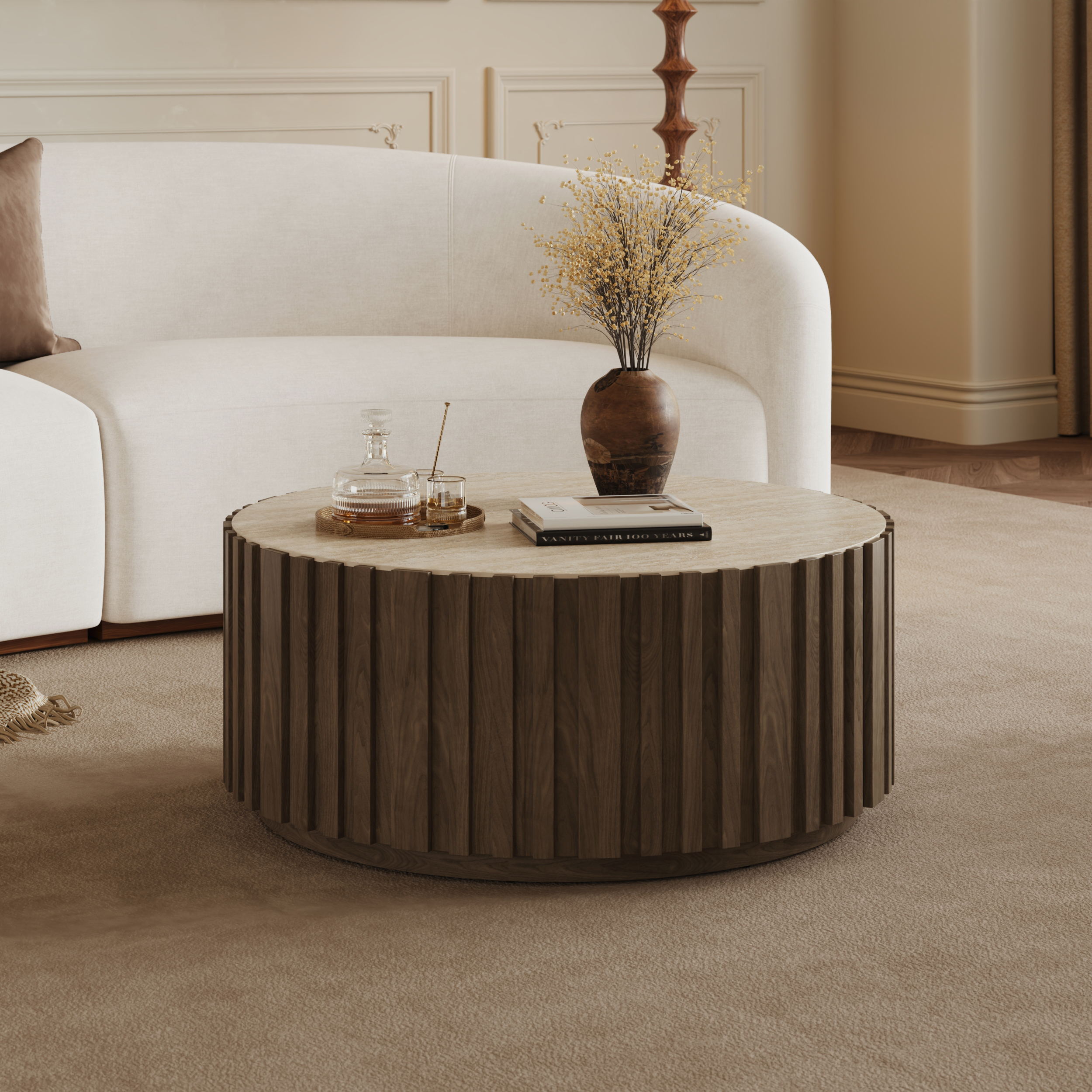 Mesa de centro redonda Aura de 35" con listones de madera de fresno y superficie de piedra sinterizada