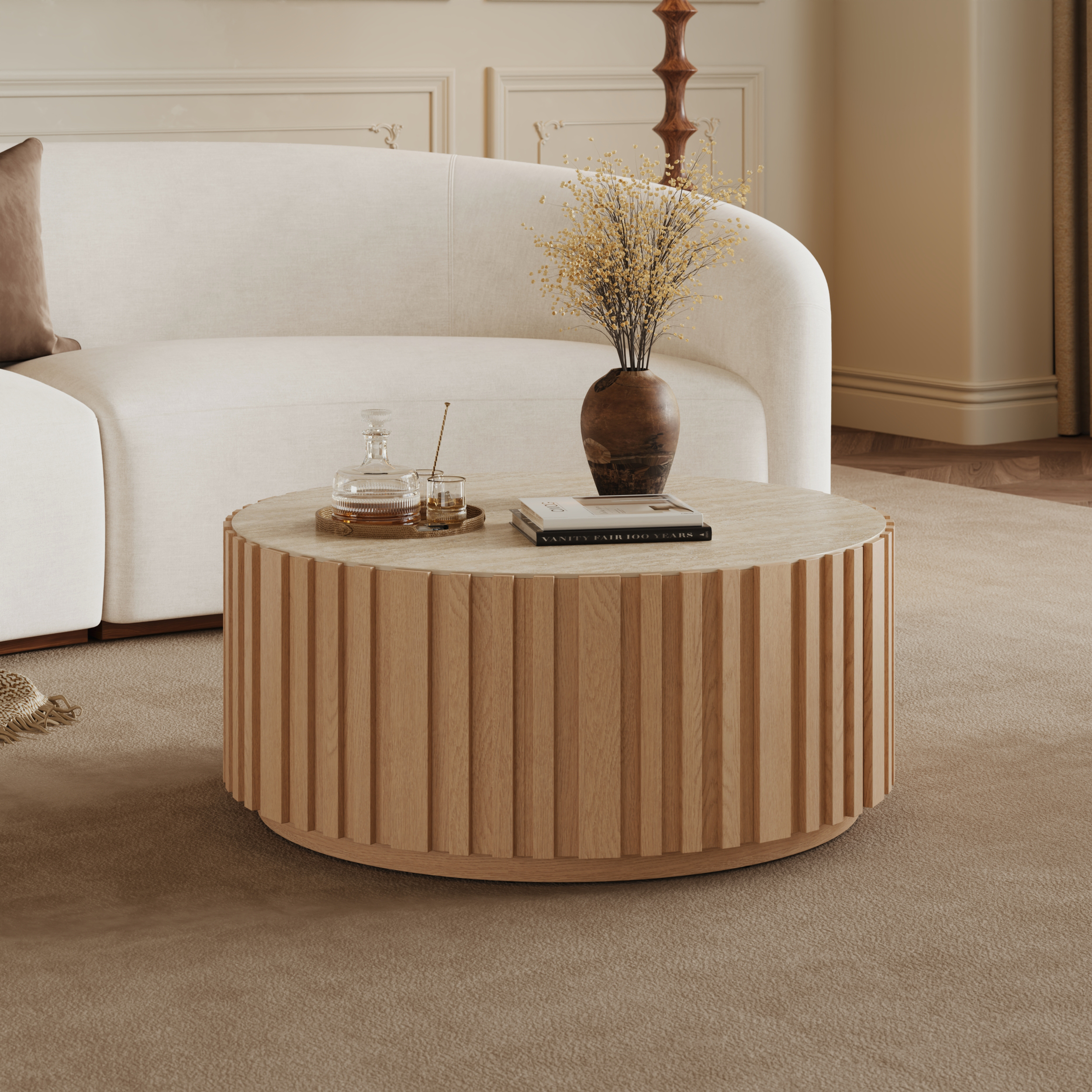 Mesa de centro redonda Aura de 35" con listones de madera de fresno y superficie de piedra sinterizada