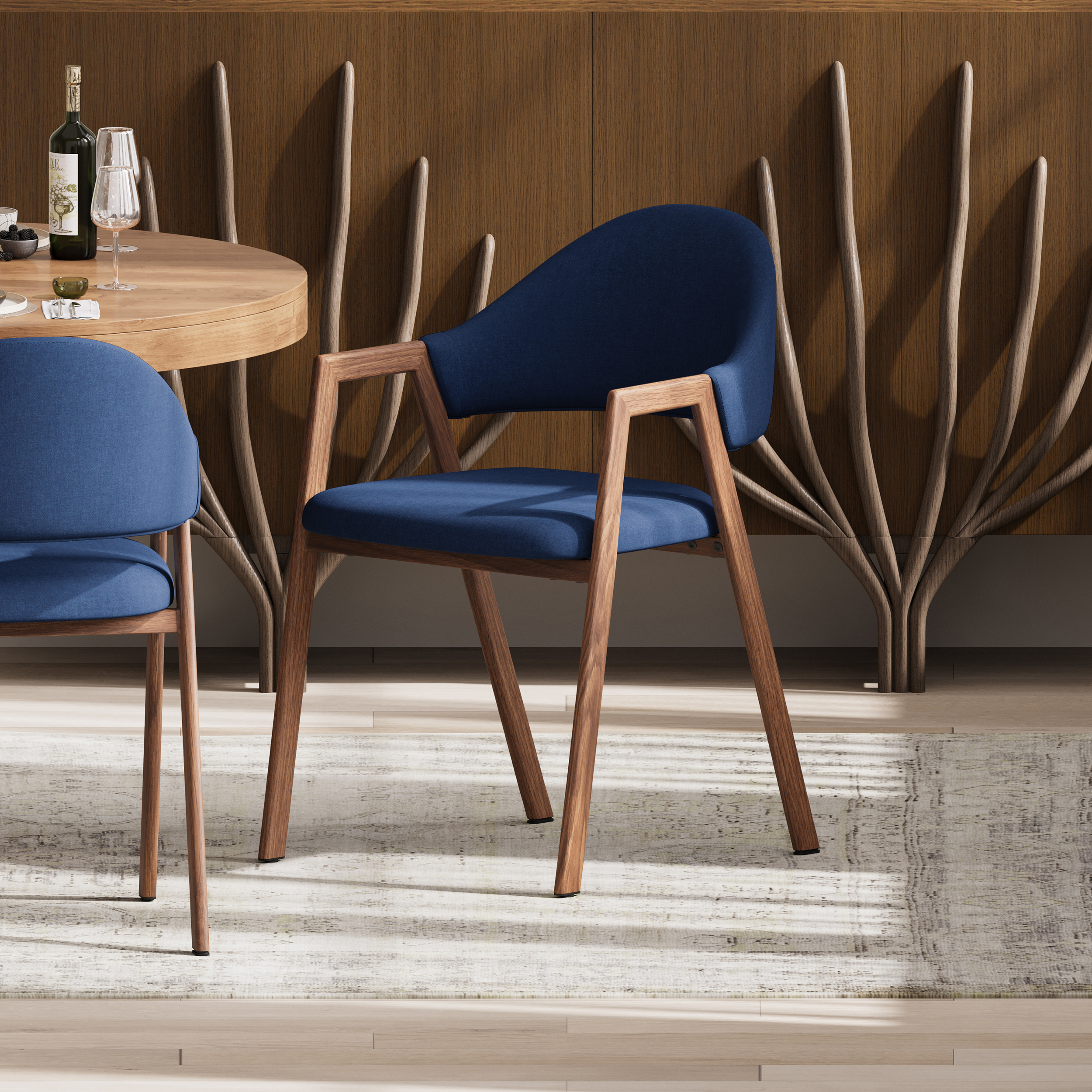 Juego de 2 sillas de comedor de lino tapizadas con respaldo curvo, modernas sillas de comedor azules