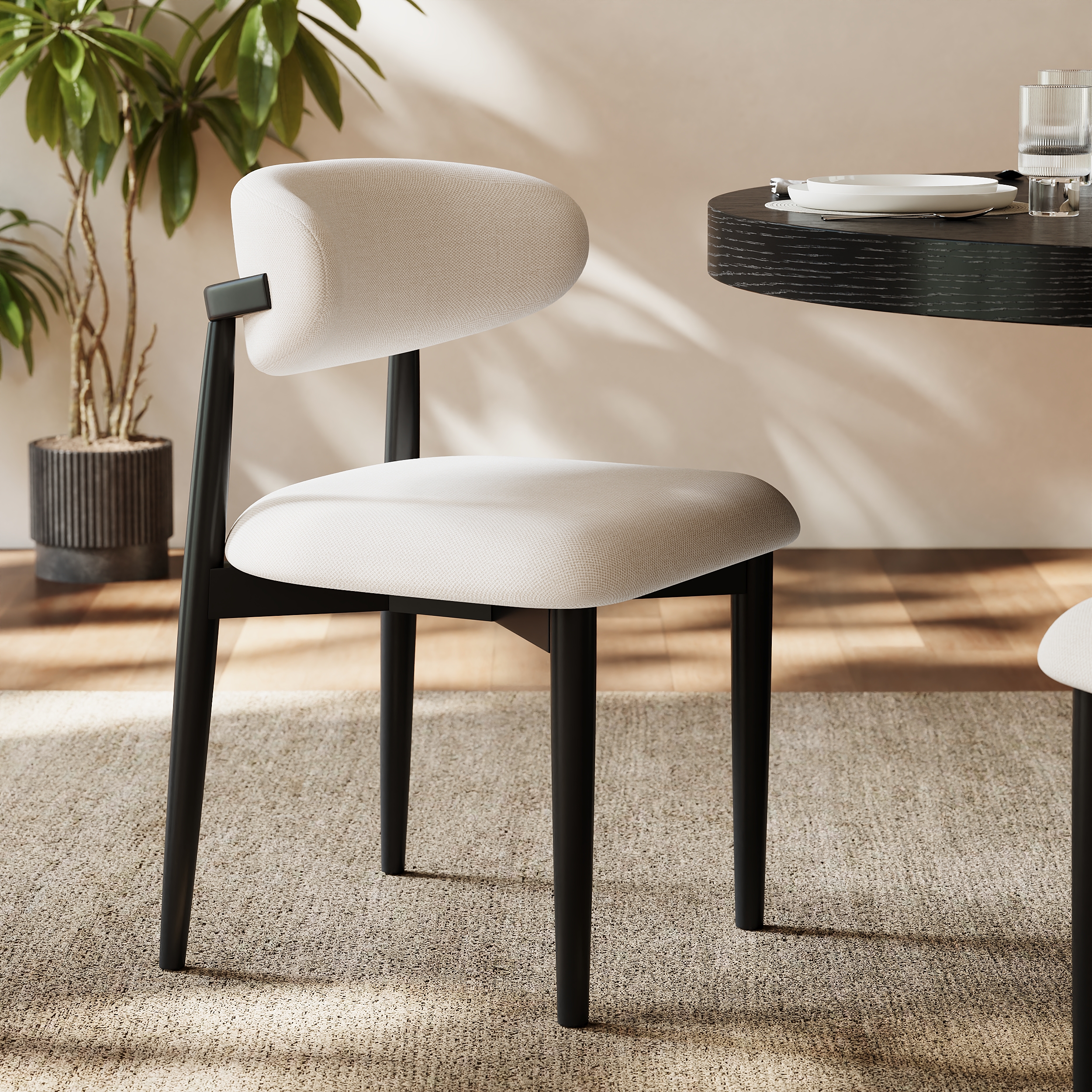 Silla de comedor moderna de lino negro con patas de madera de caucho, 1 pieza