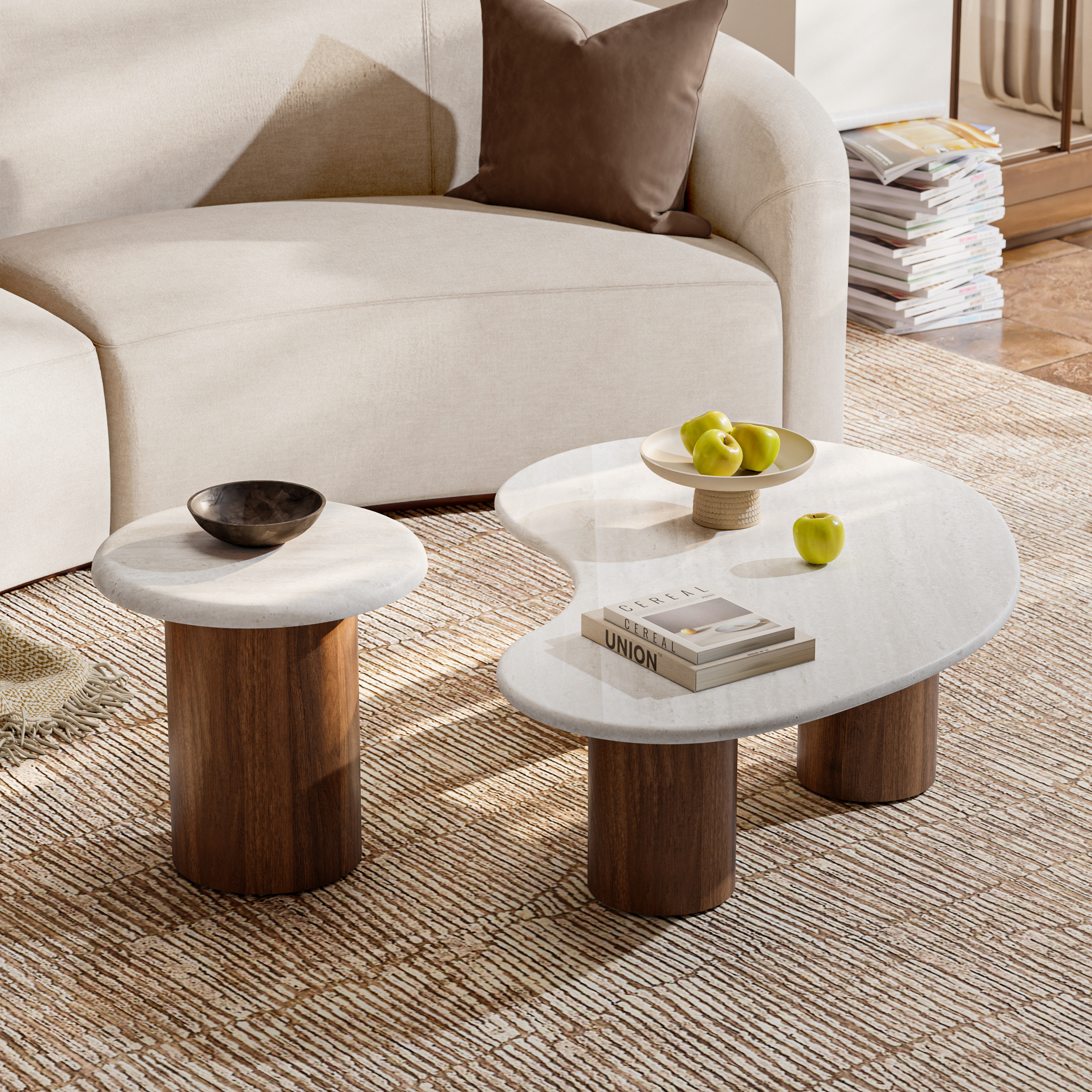 Ensemble de tables basses rondes de 18"-47" en placage de béton et noyer