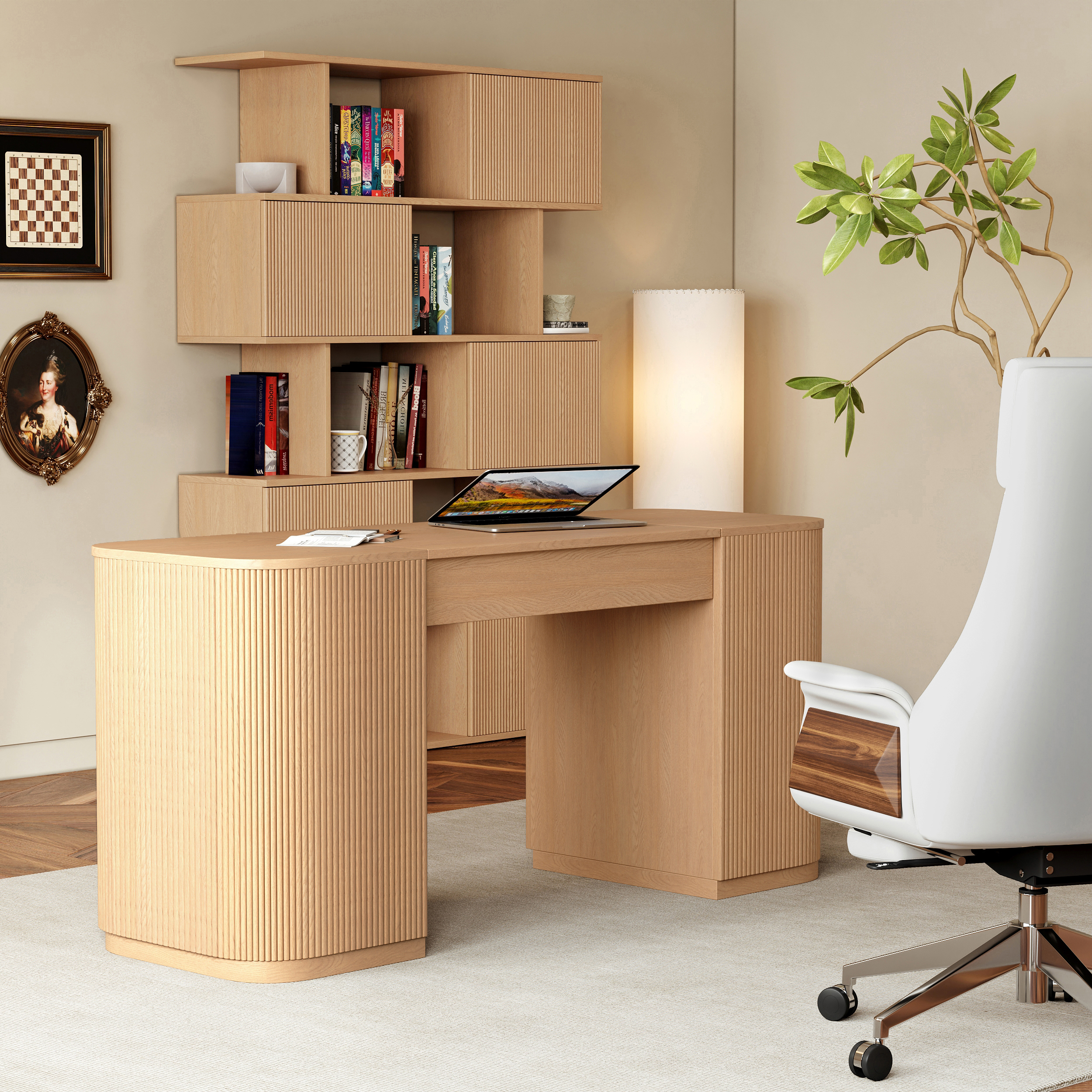 Bureau debout naturel moderne de 60 pouces et étagère bibliothèque à porte coulissante-image-online-fr-fr-55632