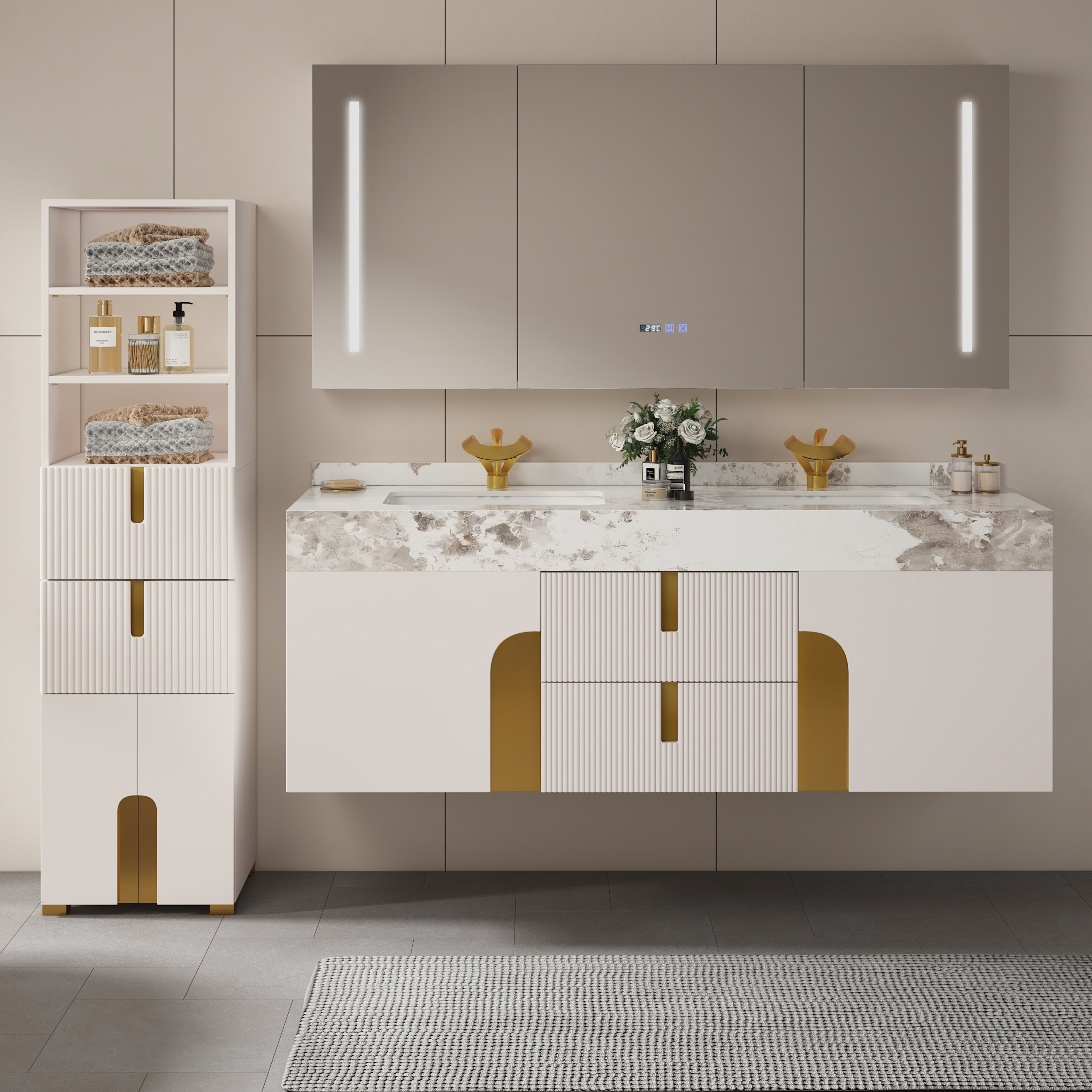 Artis 149cm Tall Bathroom Storage Cabinet & 152cm Wall-Mounted Double Vanity Set