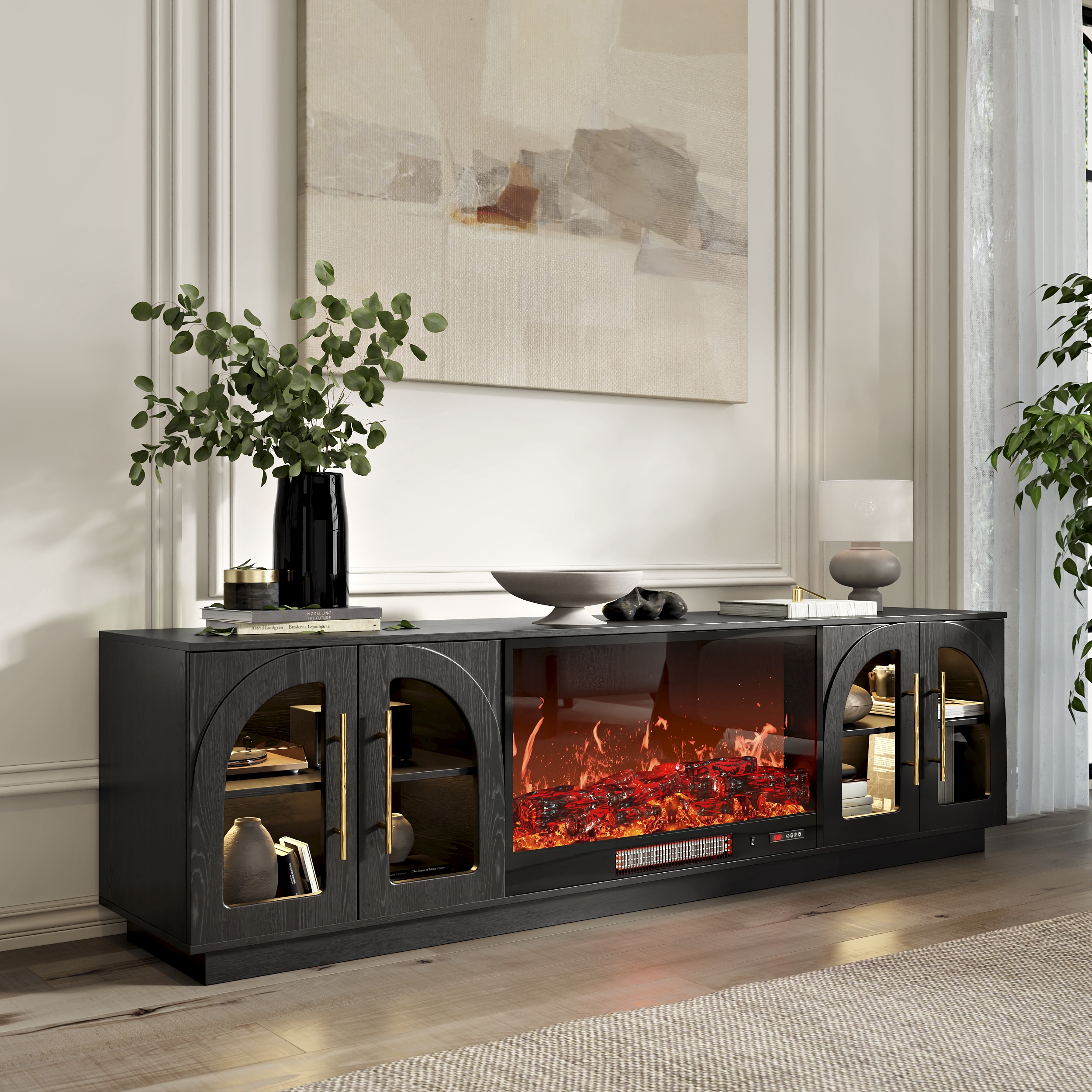 Mueble de TV Arune de 203 cm con puertas de cristal arqueadas, chimenea eléctrica y mando a distancia