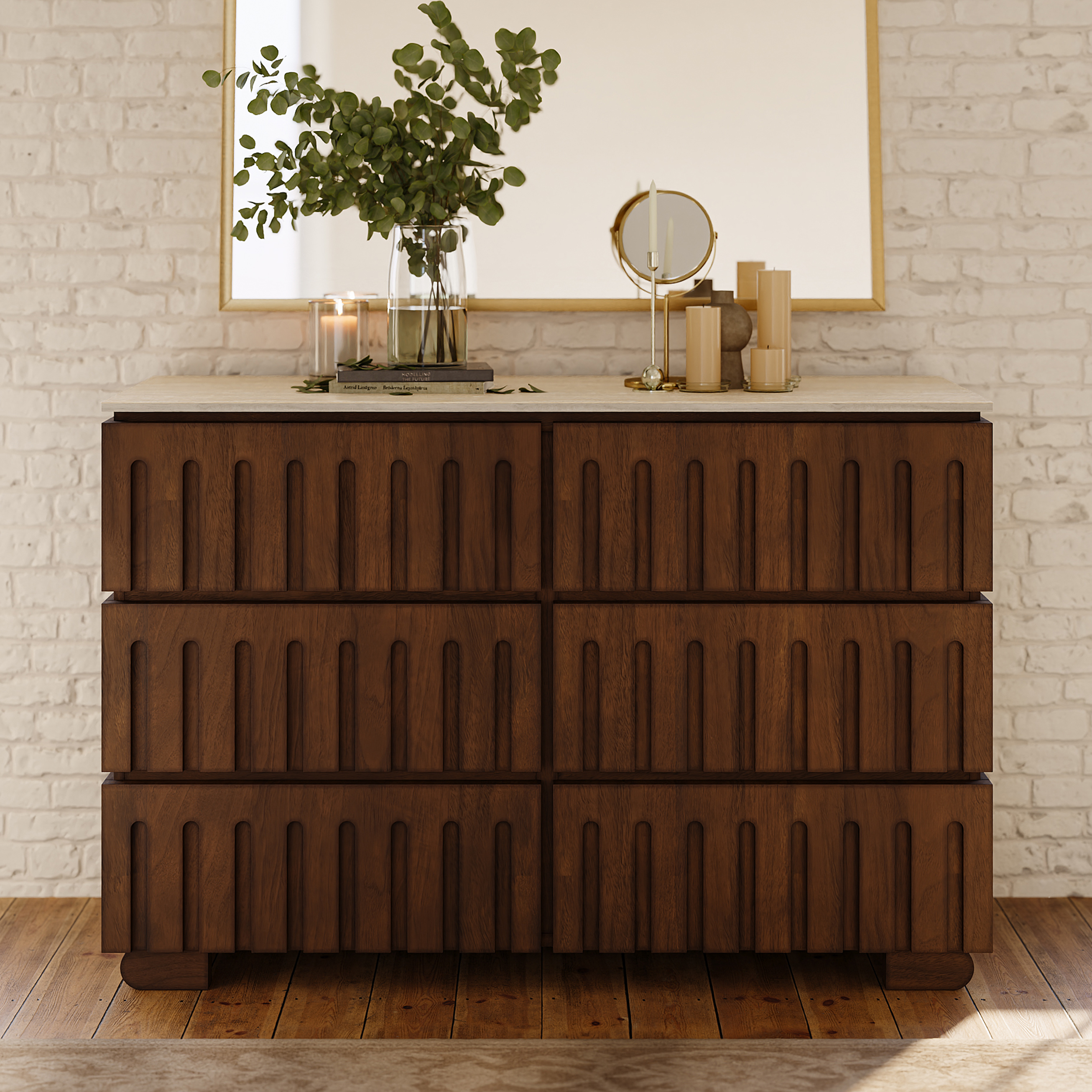 Florva Modern 47â Ash Wood 6 Drawer Dresser with Faux Travertine Sintered Stone Top