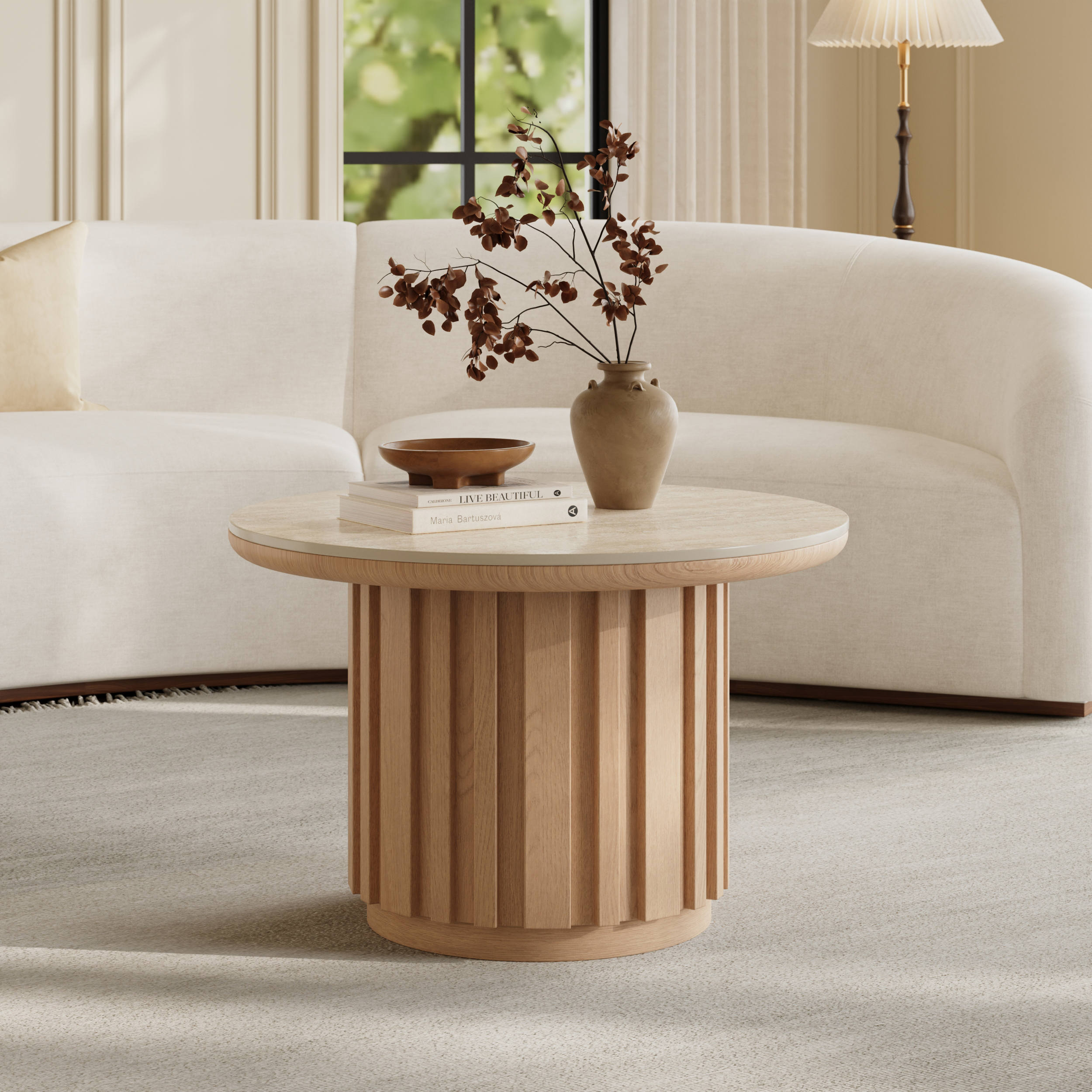 Aura Ash Wood Slatted Round Coffee Table with Sintered Stone Top