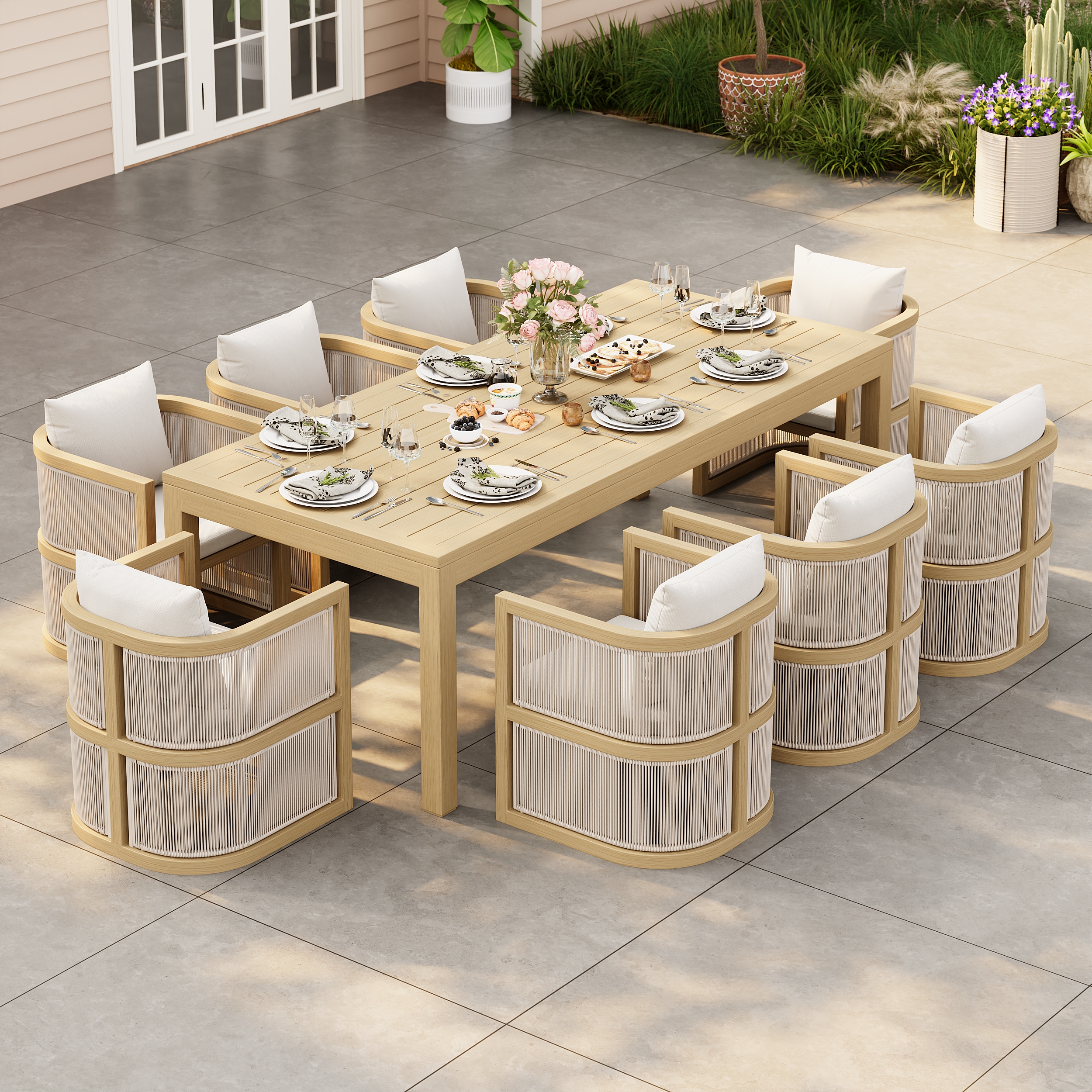 Wevara 9-Piece Outdoor Rope Weave Dining Set with 8 Chairs in Natural
